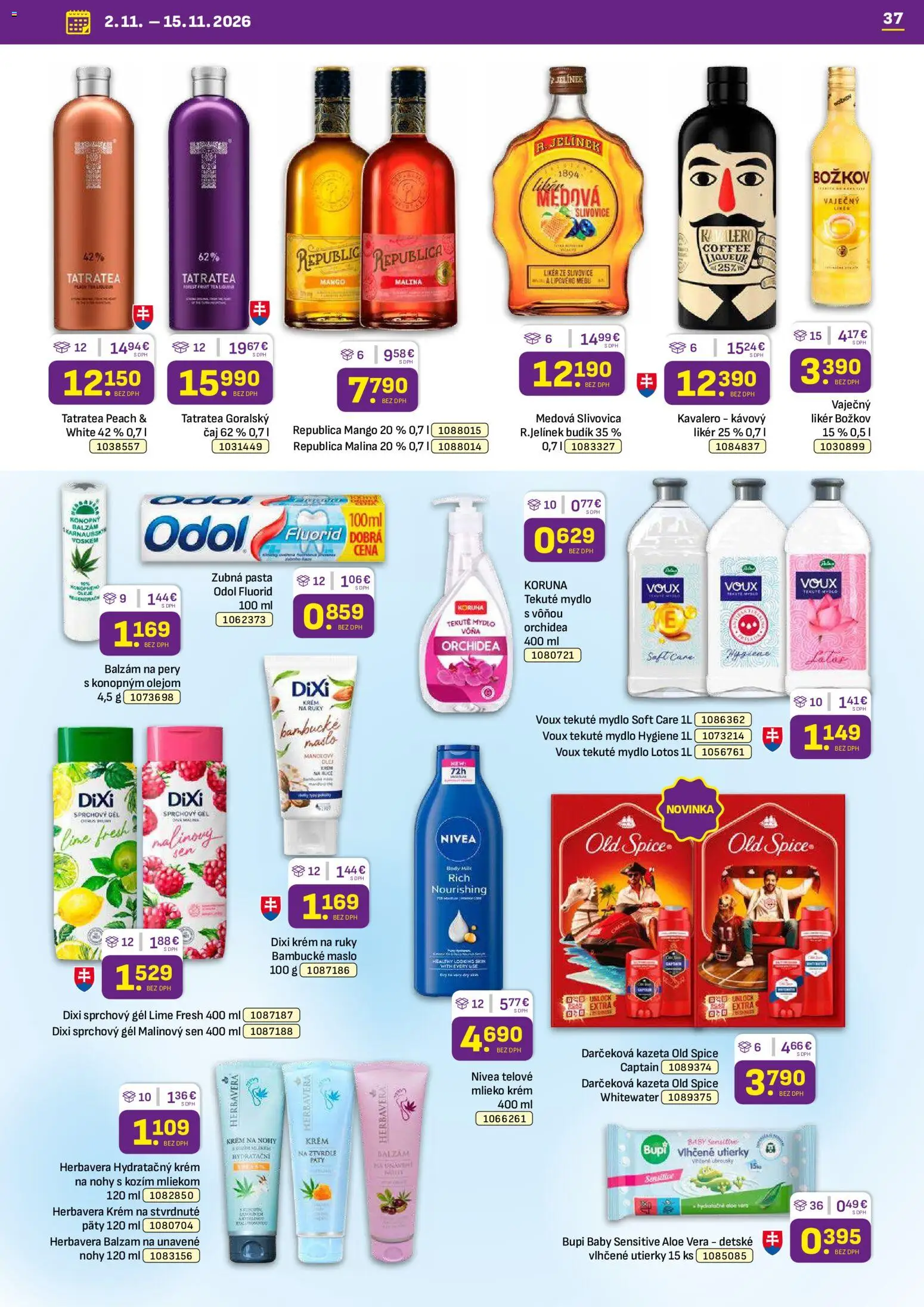 Nové Libex akcie – leták je platný od 02.11.2026 | Strana: 37 | Produkty: Aloe Vera, Sprchový gél, Zubná pasta, Utierky