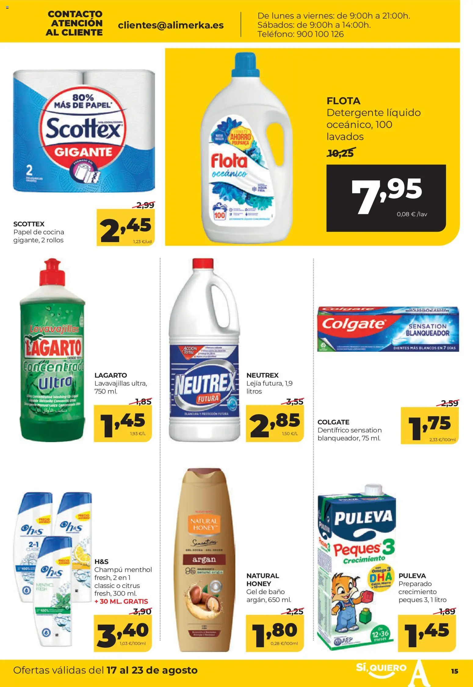 Alimerka folleto │ válido desde el 17/08/2026 | Página: 15 | Productos: Gel de baño, Teléfono, Detergente líquido, Baño