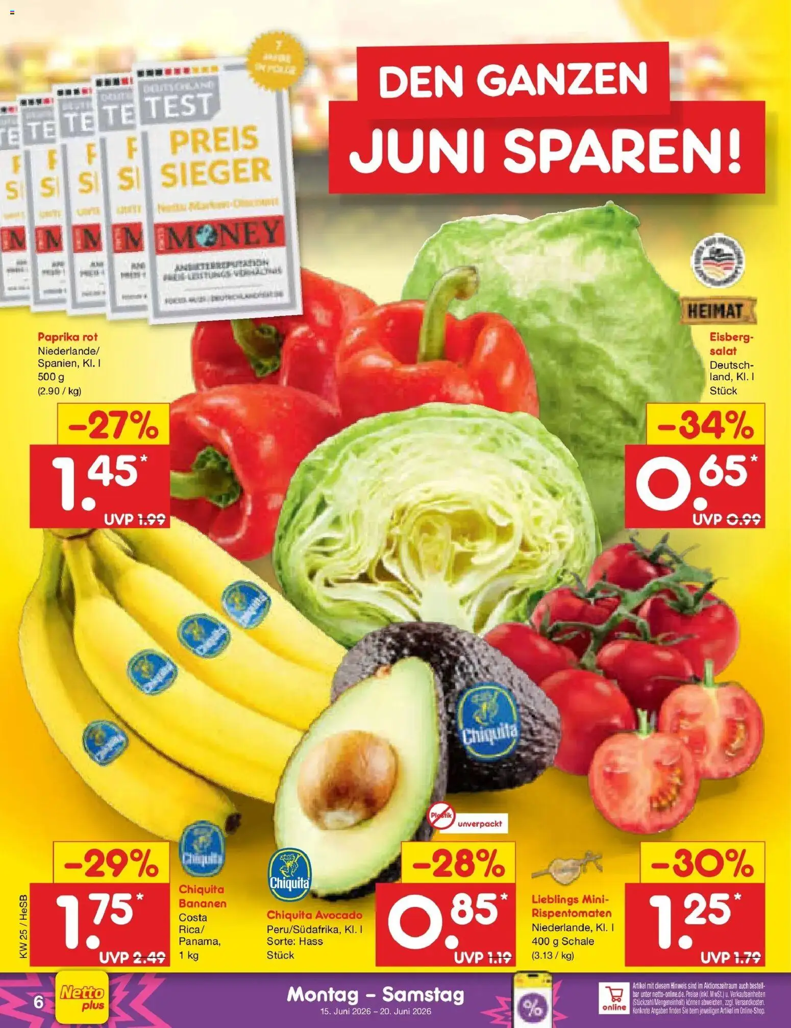 Netto Marken-Discount Prospekt Hamburg – gültig ab 14.06.2026 | Seite: 8 | Produkte: Paprika rot, Bananen, Paprika, Salat