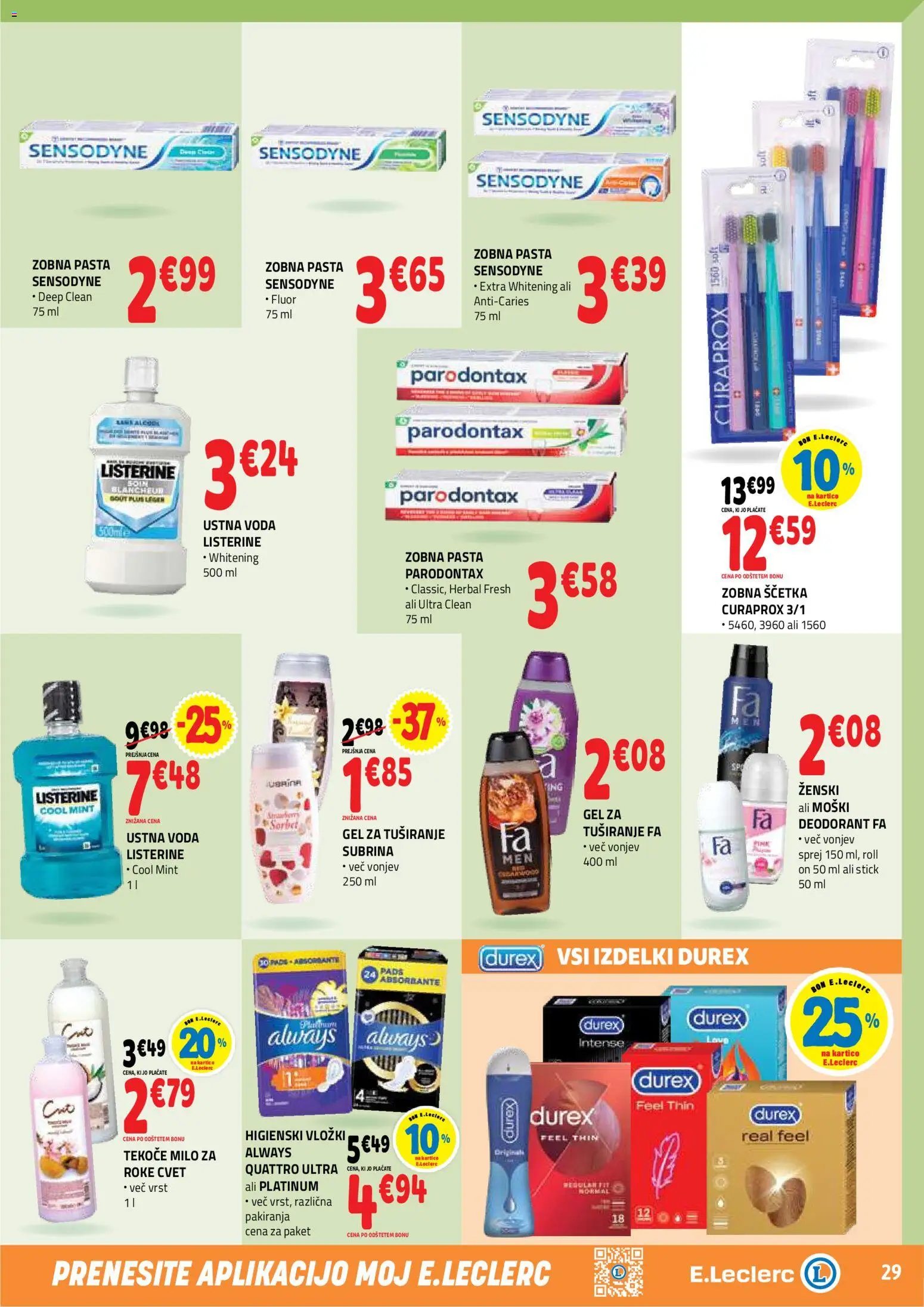 Novi E.leclerc katalog ponudbe – veljaven od 07.10.2026 | Stran: 29 | Izdelki: Higienski vložki, Milo, Deodorant, Zobna scetka