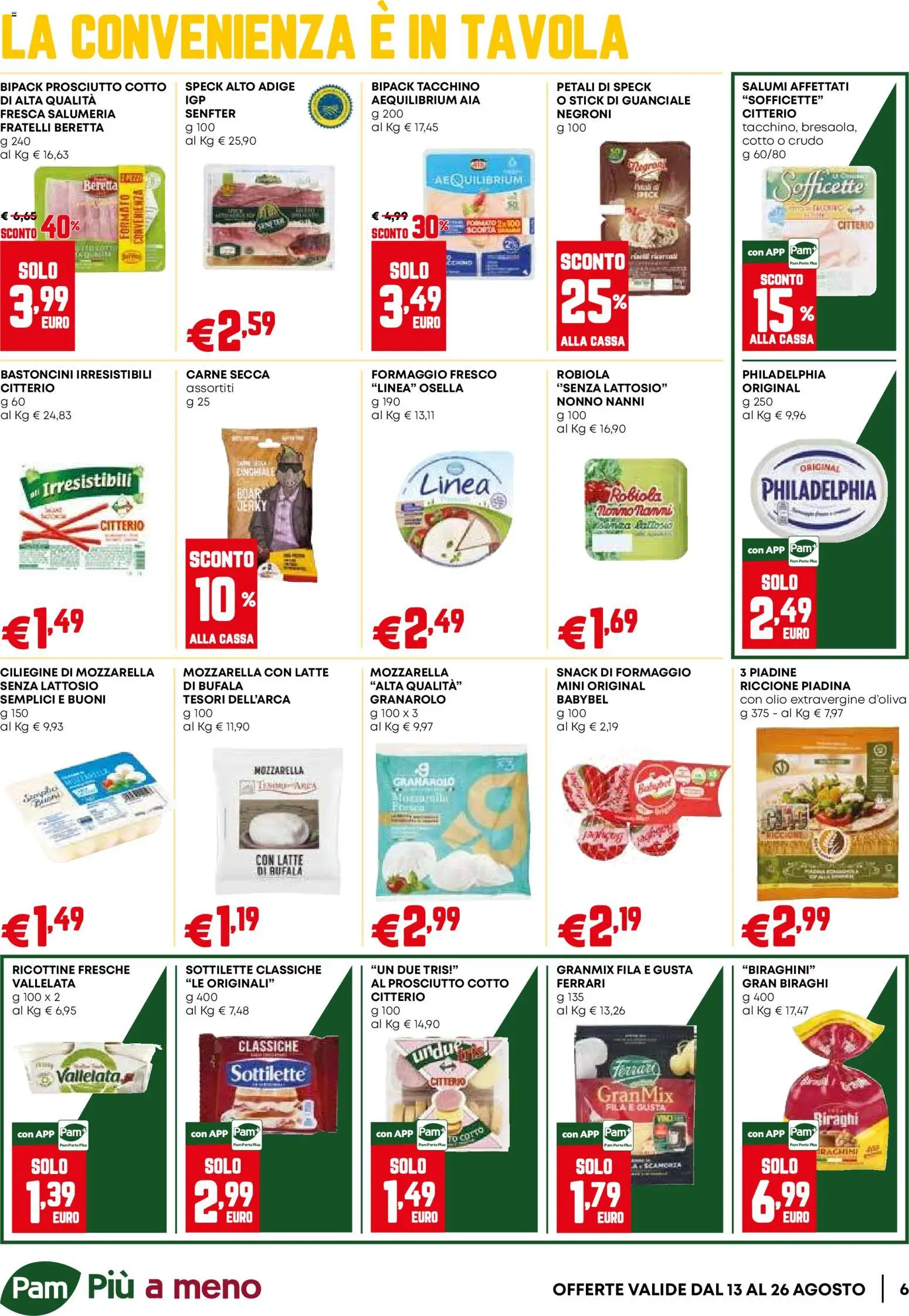 Volantino PAM del 13/08/2026 | Pagina: 6 | Prodotti: Mozzarella, Latte, Formaggio fresco, Senza lattosio