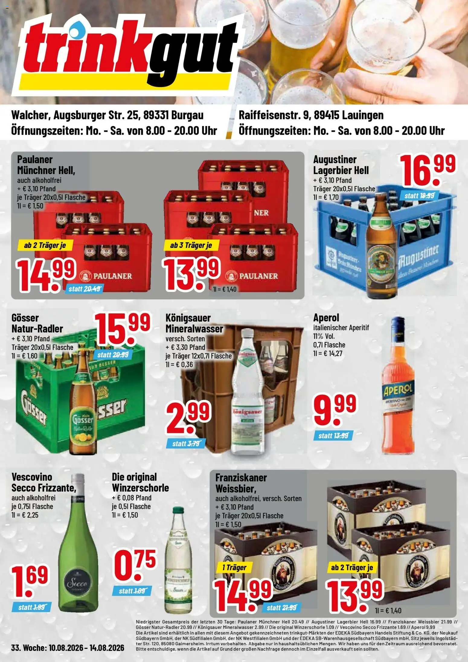 Trinkgut Prospekt Lauingen (ab 10.08.2026) » Angebote online | Seite: 1 | Produkte: Franziskaner, Weißbier, Aperol, Uhr