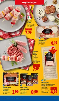 Anteprima del volantino GRILLMEISTER, Nürnberger Rostbratwürste -, Salsicce di carne suina, bollite XXL, 500 g confezione, Formato base 450 g, a 8.99 € valido a partire dal 09/07/2026 | Pagina: 11 | Prodotti: Pollo, Suino, Salsiccia, Tofu