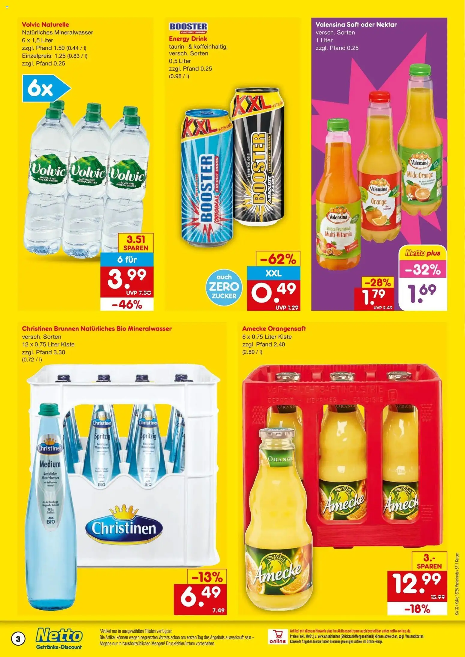 Netto Marken-Discount Prospekt Marienheide – gültig ab 03.08.2026 | Seite: 3 | Produkte: Energy, Orangensaft, Mineralwasser, Volvic