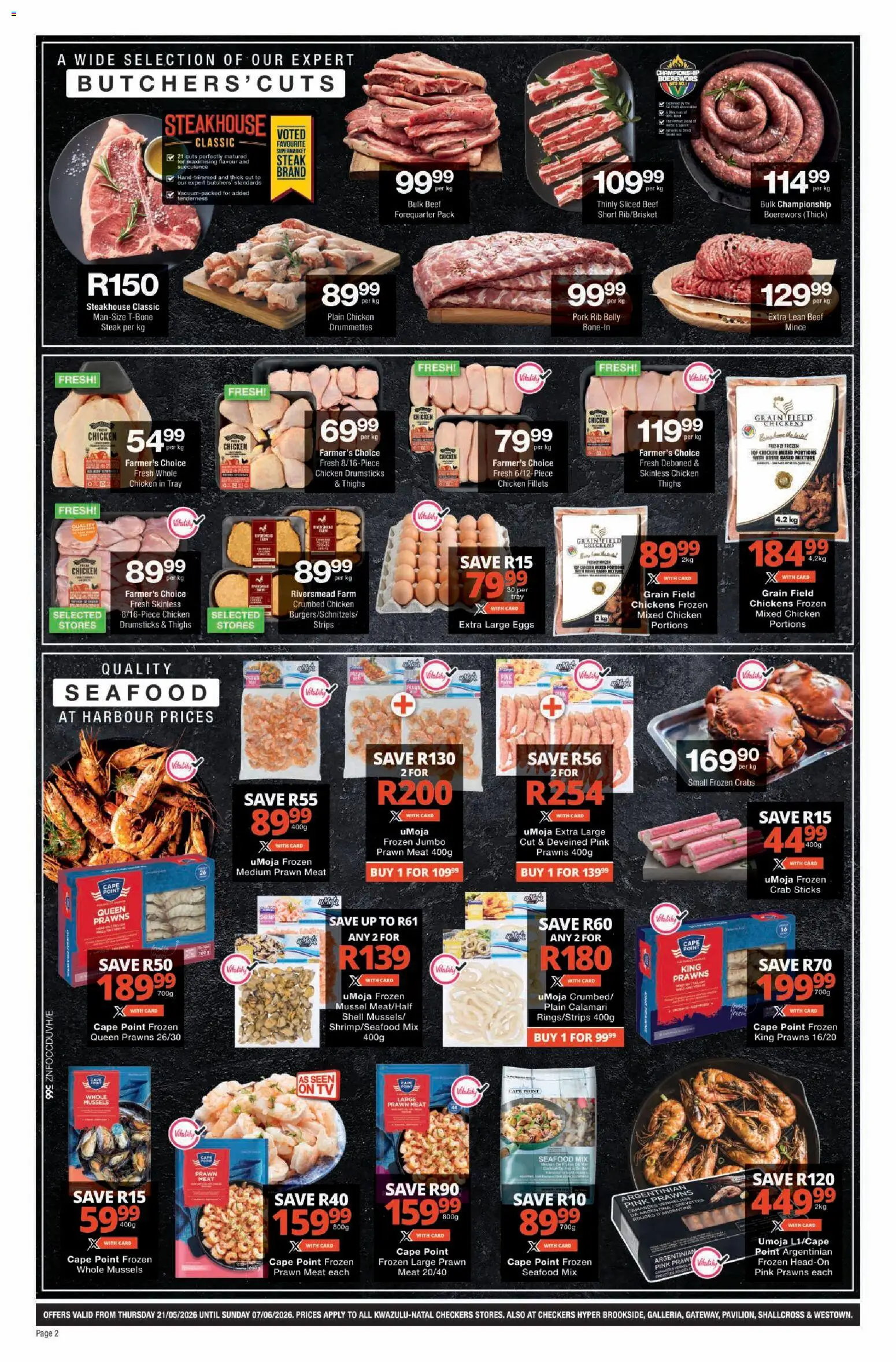 New Checkers catalogue – valid from 21.05.2026 | Page: 2 | Products: Tray, Eggs, Beef, Seafood