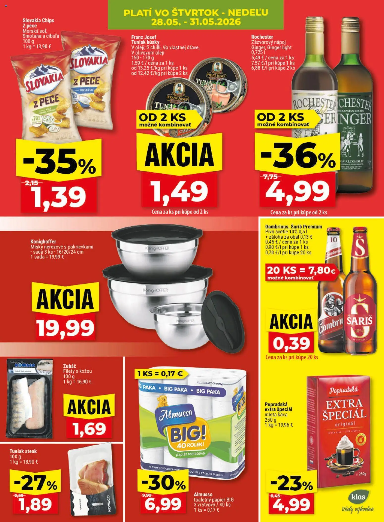 Nové Klas akcie – leták je platný od 25.05.2026 | Strana: 28 | Produkty: Tuniak, Káva, Smotana, Šariš