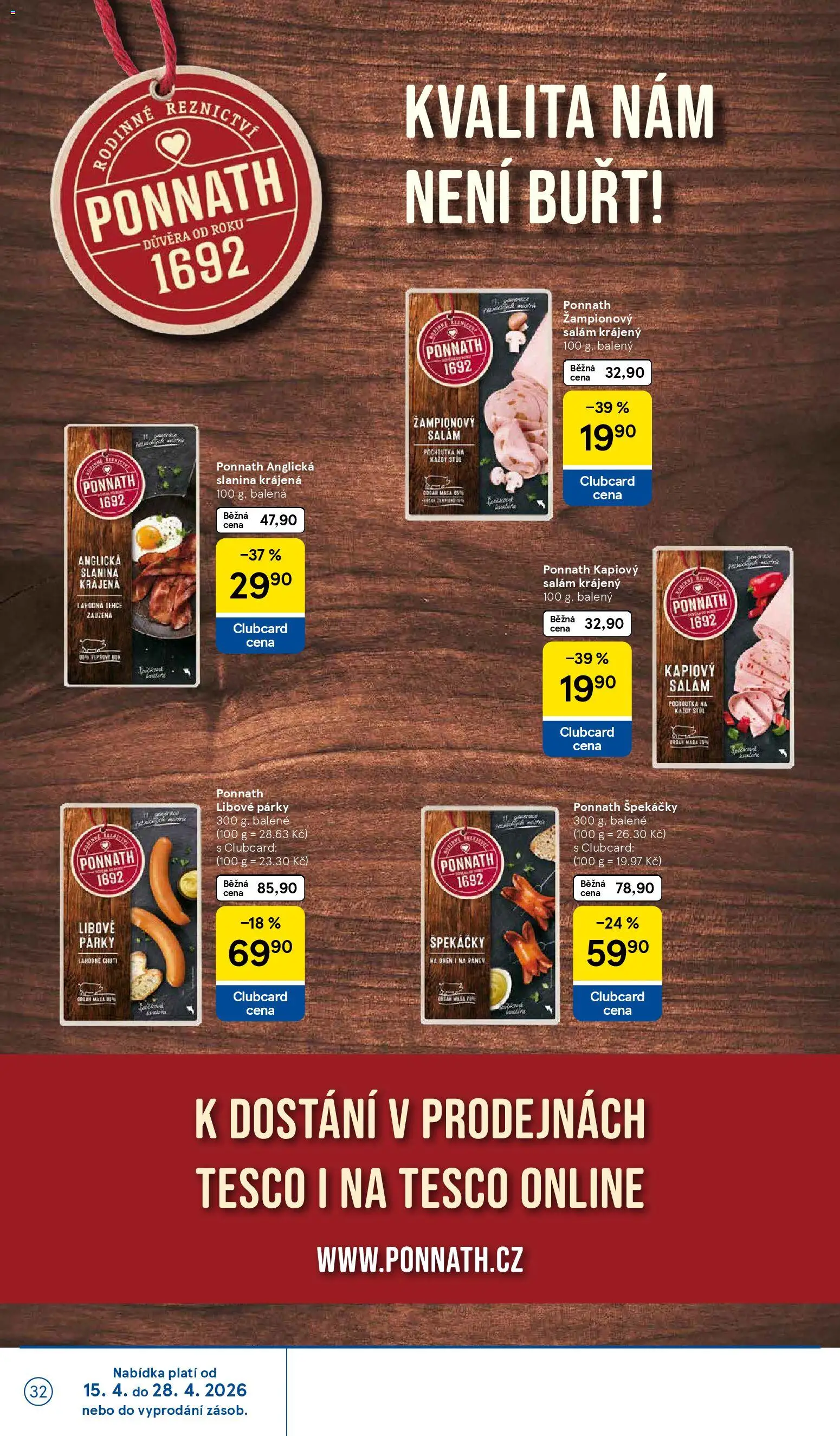 Tesco leták - Hypermarket od 15.04.2026 | Strana: 32 | Produkty: Párky, Anglická slanina, Stůl, Slanina