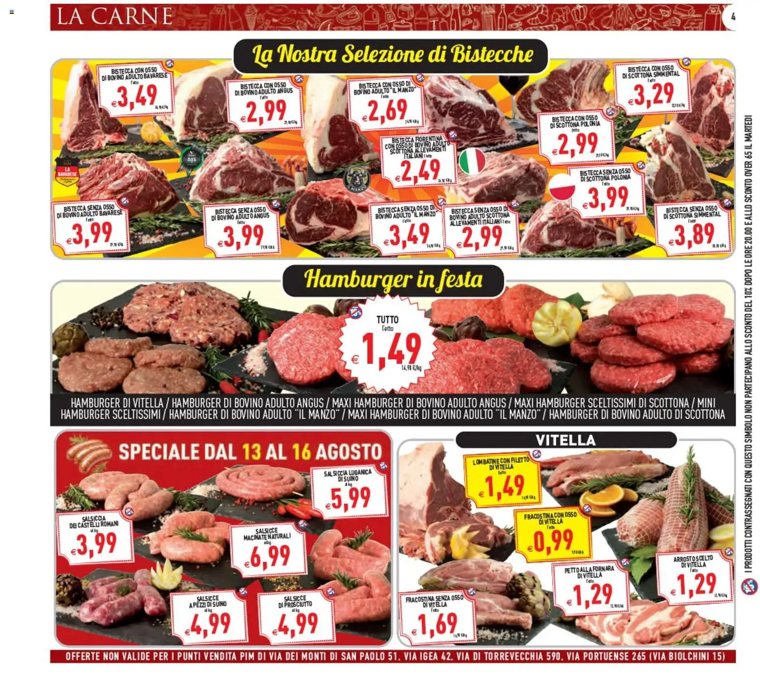 Volantino PIM Supermercati del 12/08/2026 | Pagina: 4 | Prodotti: Bovino, Carne, Hamburger, Bistecca