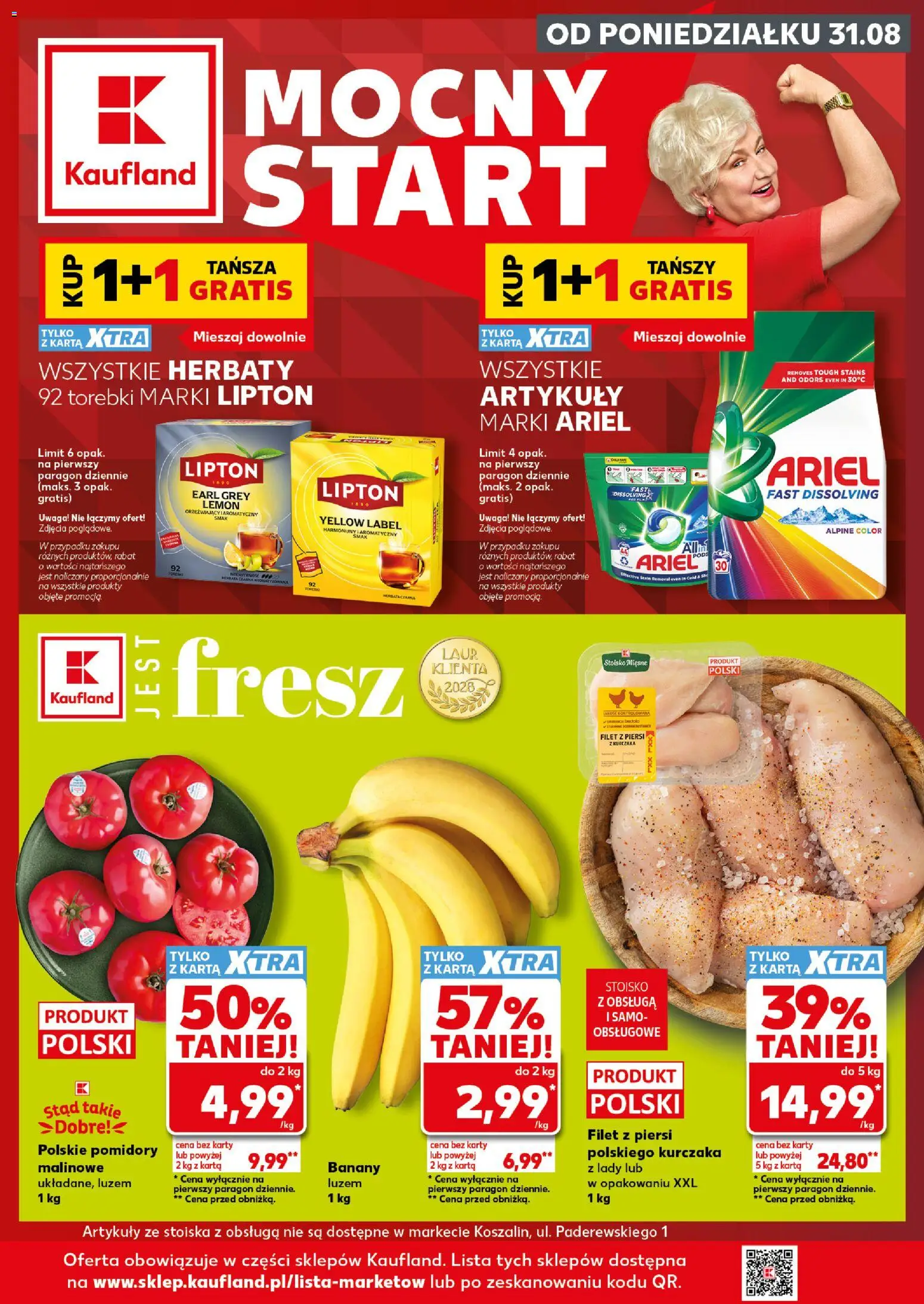 Kaufland Polsko leták - Mocny start od 31.08.2026 | Strana: 1 | Produkty: Banány, Ariel, Filet, Karty