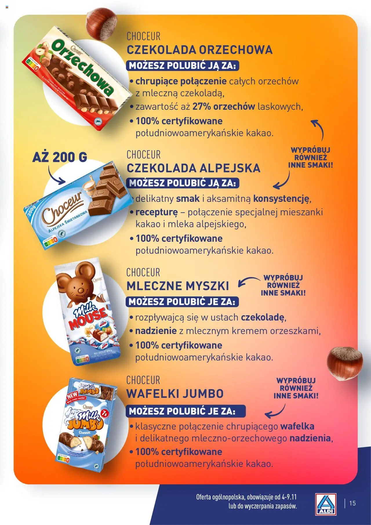Aldi Gazetka - Wielki test od 04.11.2024 | Strona: 15 | Produkty: Mleka, Orzechowa, Wafelki, Czekolada