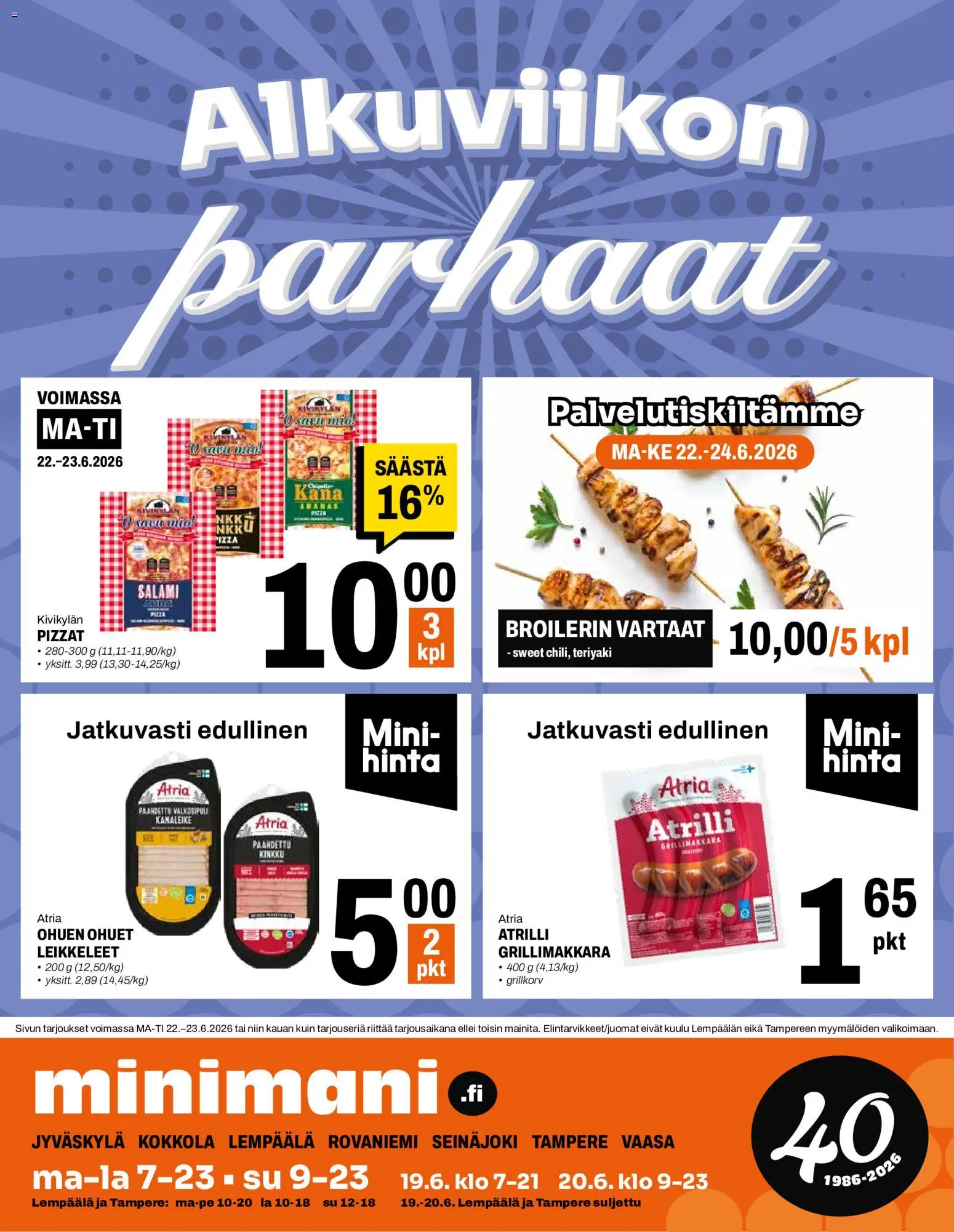 Minimani tarjoukset – voimassa 16.06.2026 alkaen | Sivu: 16 | Tuotteet: Kana, Salami, Pizza, Grillimakkara