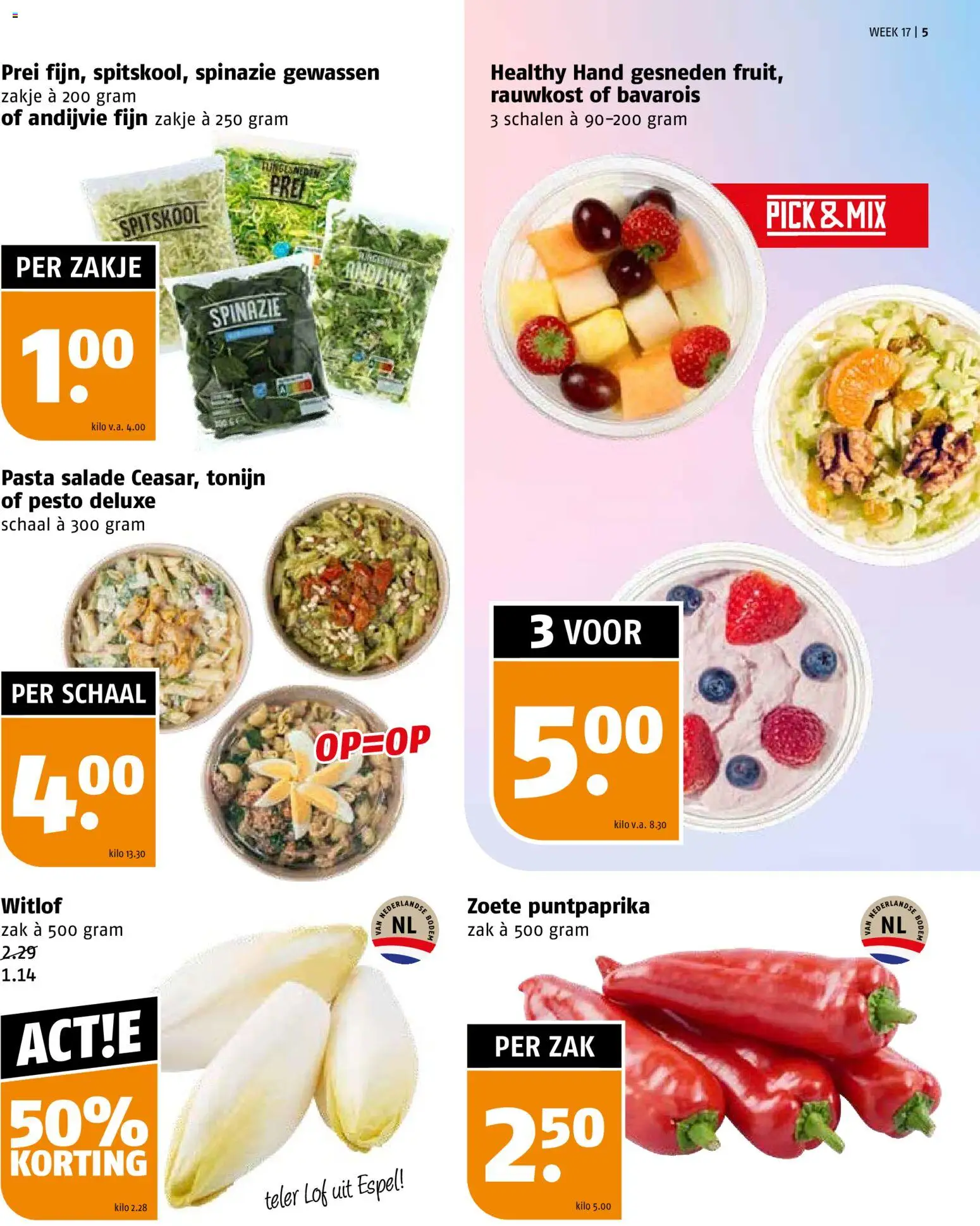 {H1} | Pagina: 5 | Producten: Spinazie, Pasta, Schaal, Prei