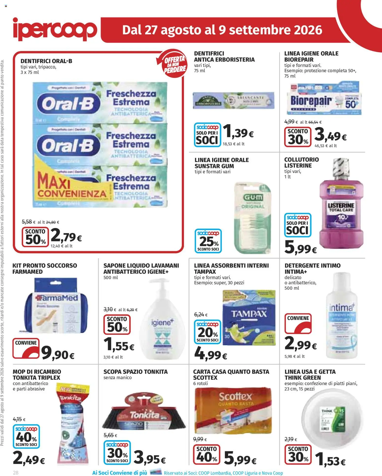 Volantino Ipercoop del 27/08/2026 | Pagina: 28 | Prodotti: Detergente, Listerine, Data, Igiene orale
