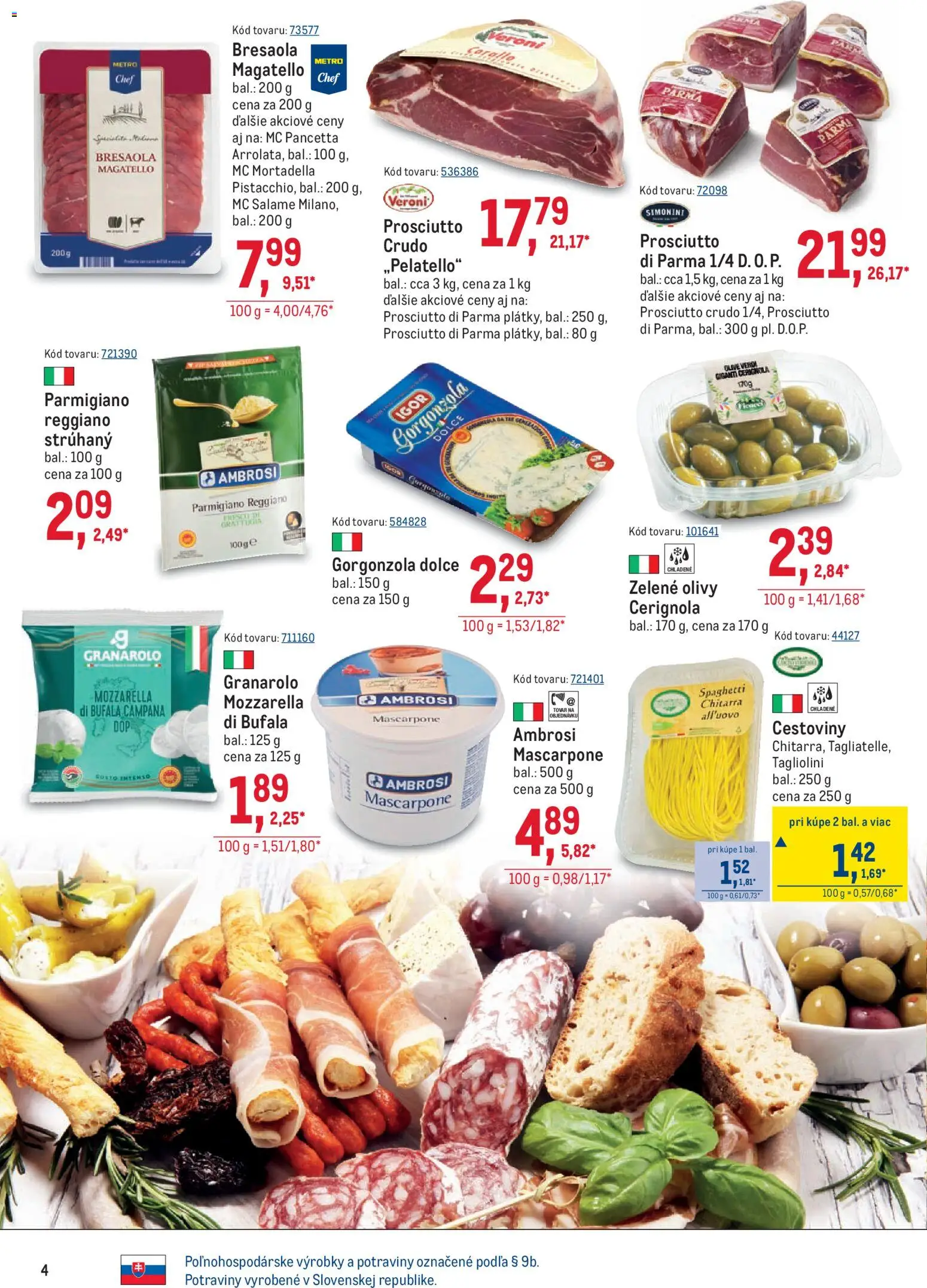 Nové Metro akcie – leták je platný od 09.09.2026 | Strana: 4 | Produkty: Prosciutto crudo, Prosciutto, Olivy, Pancetta