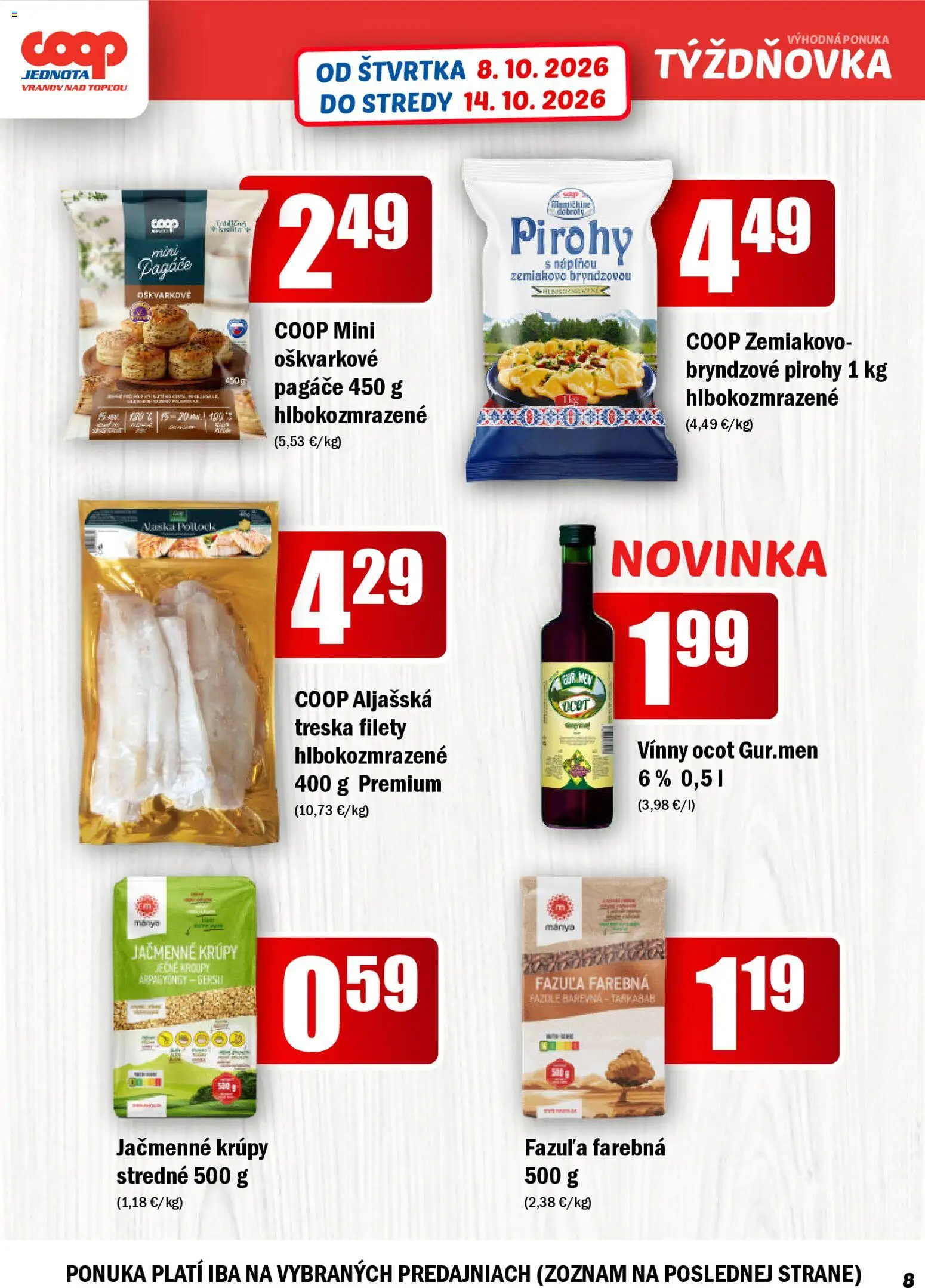 Nové COOP Jednota akcie – leták je platný od 08.10.2026 | Strana: 8 | Produkty: Fazuľa, Krúpy, Treska, Ocot