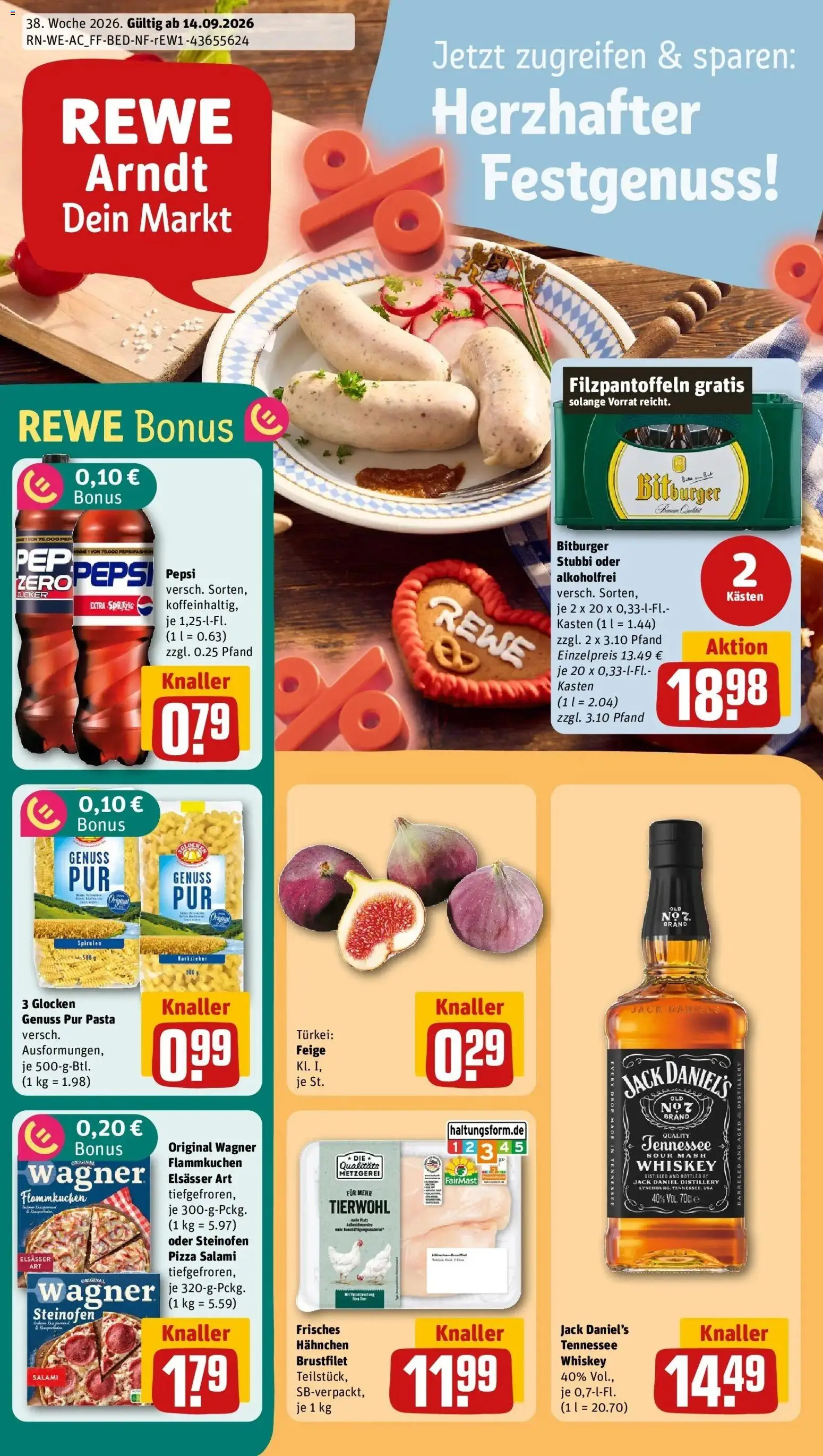 REWE Prospekt ab 14.09.2026 zum Blättern » Angebote | Seite: 1 | Produkte: Bitburger, Jack Daniel's, Pasta, Whiskey