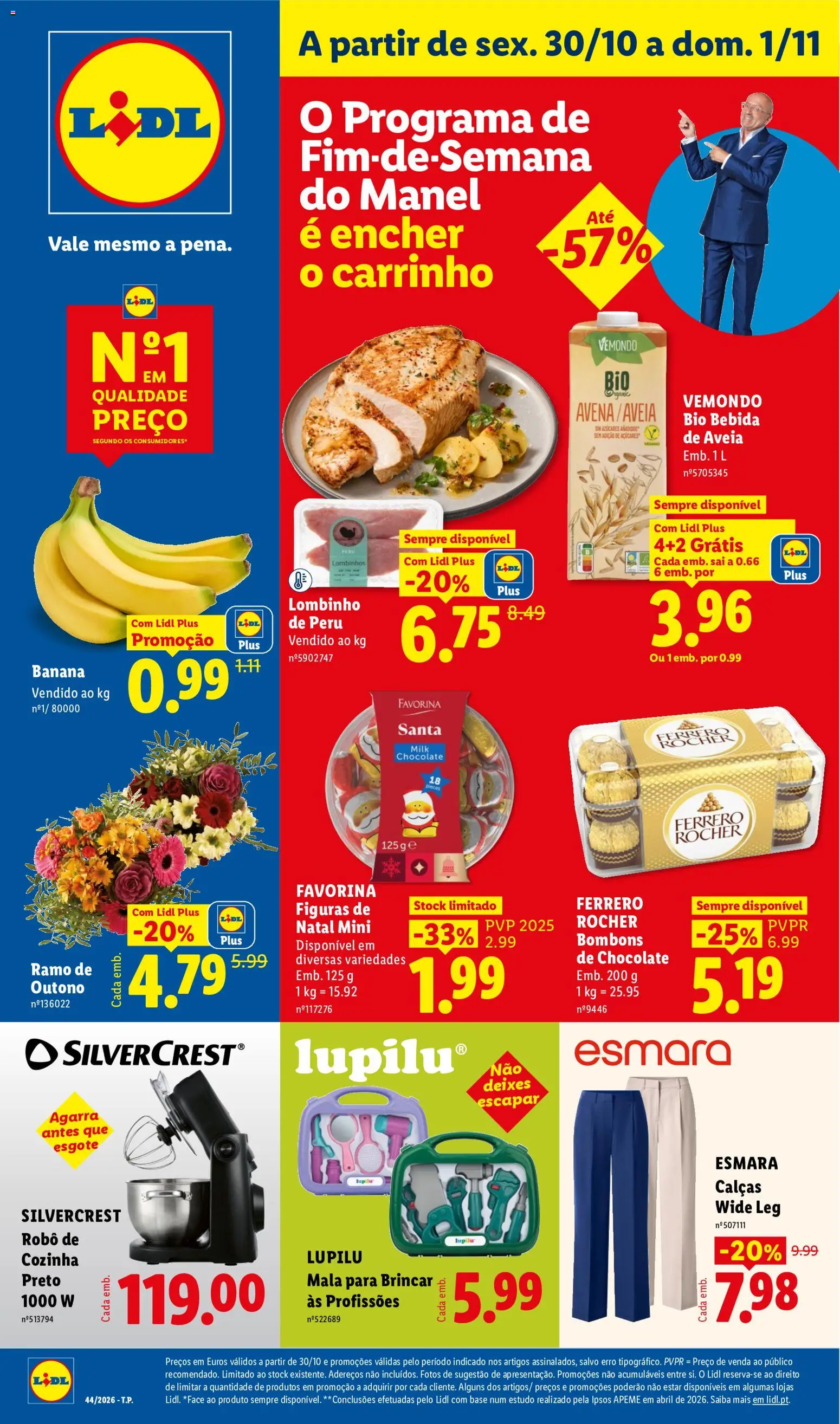 Lidl Promoções Fim de Semana │ válido de 30/10/2026 | Página: 1 | Produtos: Aveia, Banana, Calças, Base