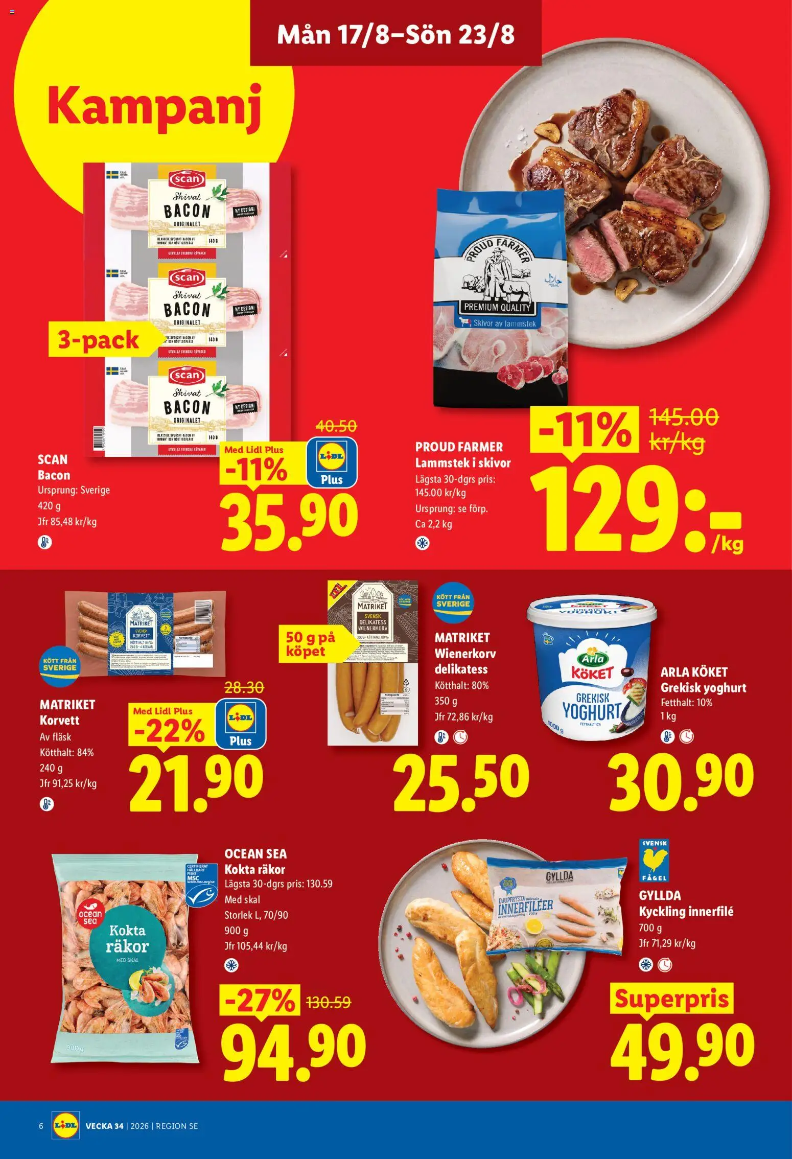 Lidl reklamblad aktuell från 17/08/2026 | Sida: 6 | Produkter: Bacon, Grekisk yoghurt, Fläsk, Kött