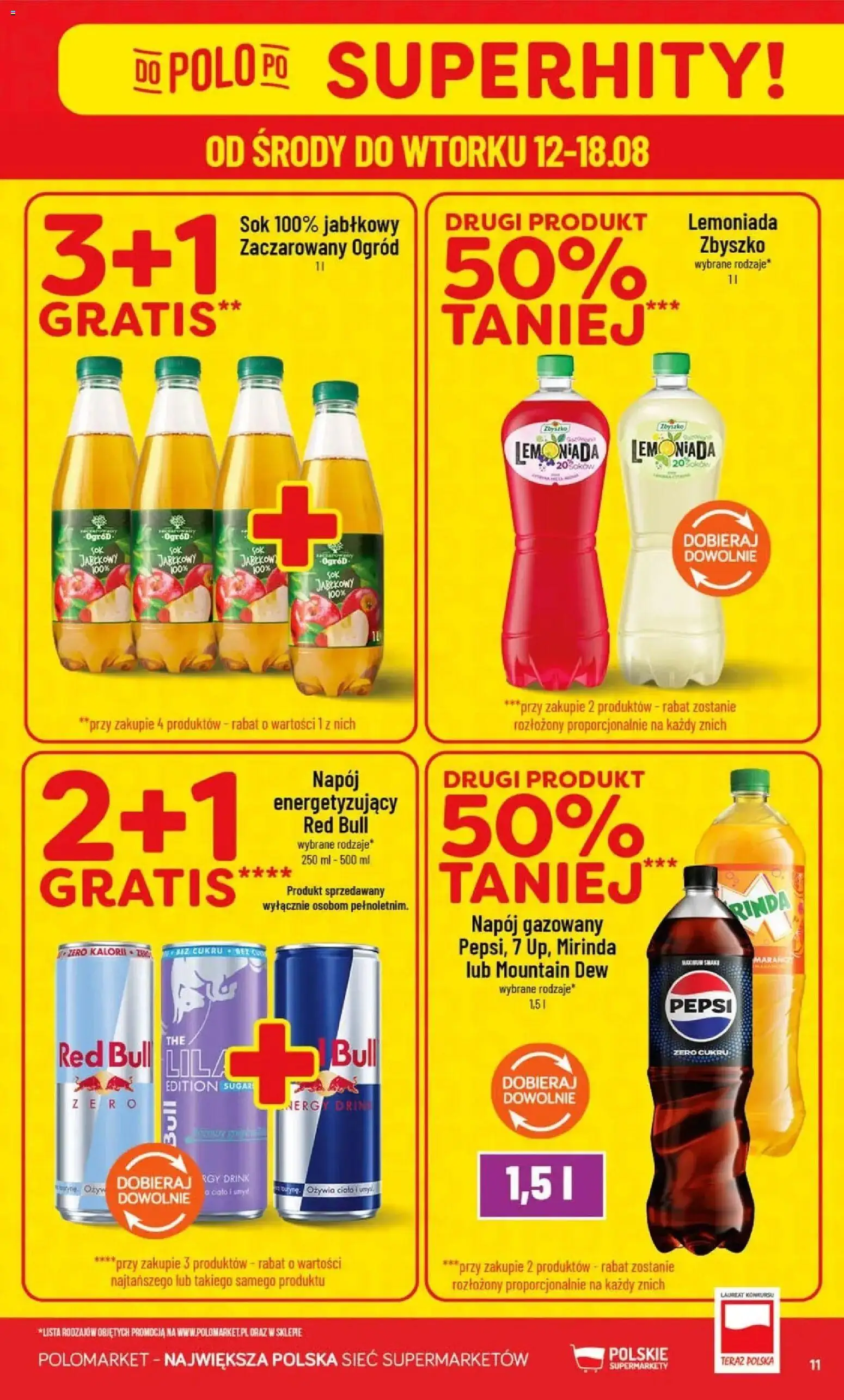 Nowa POLOmarket gazetka od jutra 12.08.2026 | Strona: 11 | Produkty: Red bull, Pepsi, Lemoniada, Sok