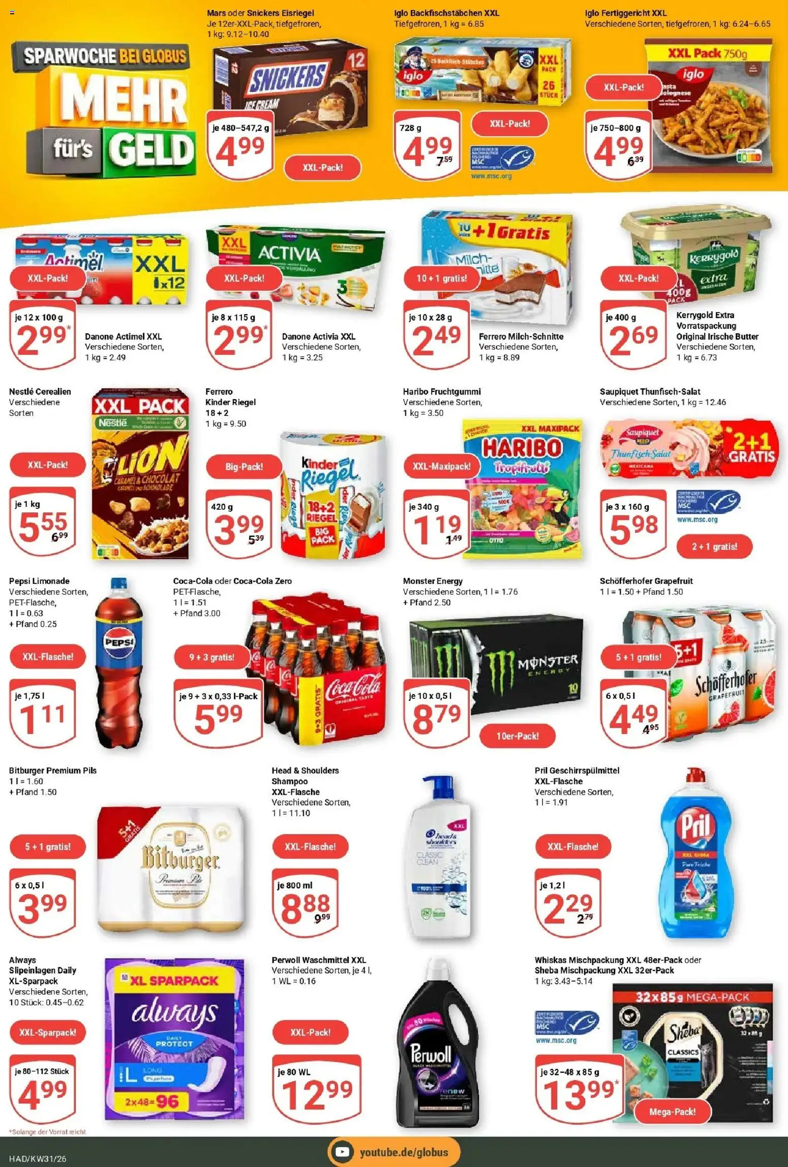 Globus Prospekt Halle (saale) – gültig ab 27.07.2026 | Seite: 19 | Produkte: Sheba, Snickers, Geschirrspülmittel, Ferrero milchschnitte