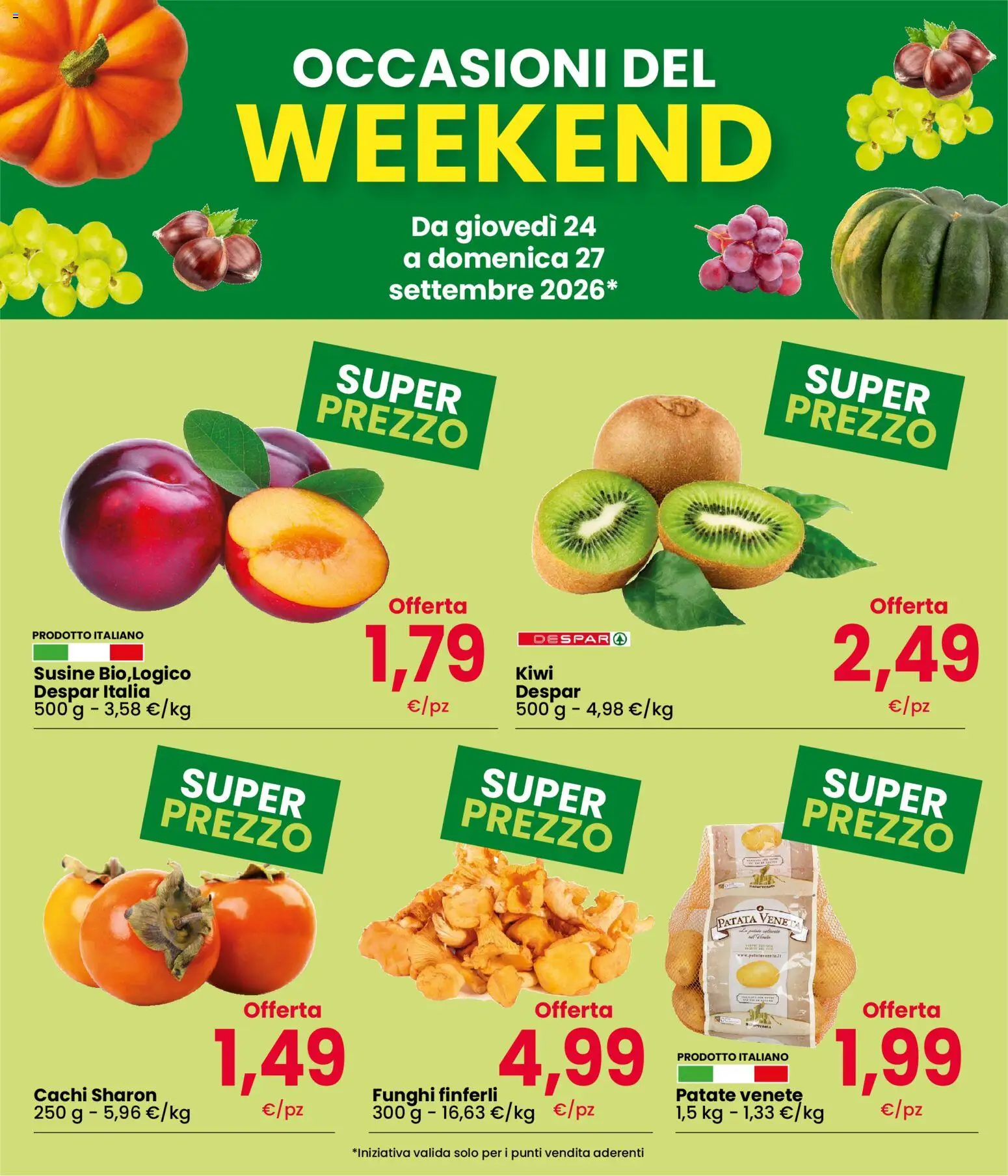 Volantino Despar del 24/09/2026 | Pagina: 2 | Prodotti: Kiwi, Funghi, Cachi, Susine