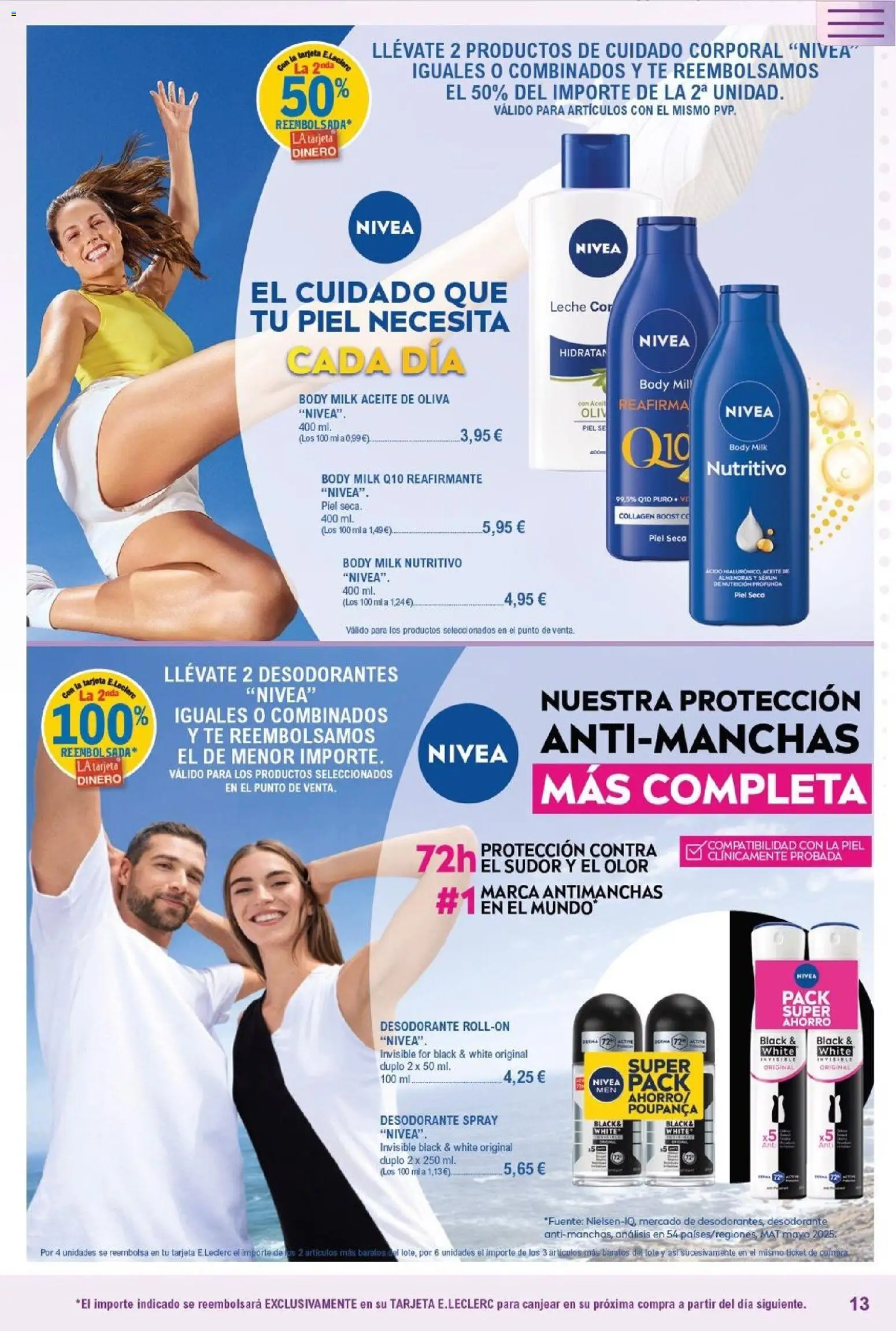 E.Leclerc Resalta tu belleza │ válido desde el 13.05.2026 | Página: 13 | Productos: Leche, Aceite, Té, Cama