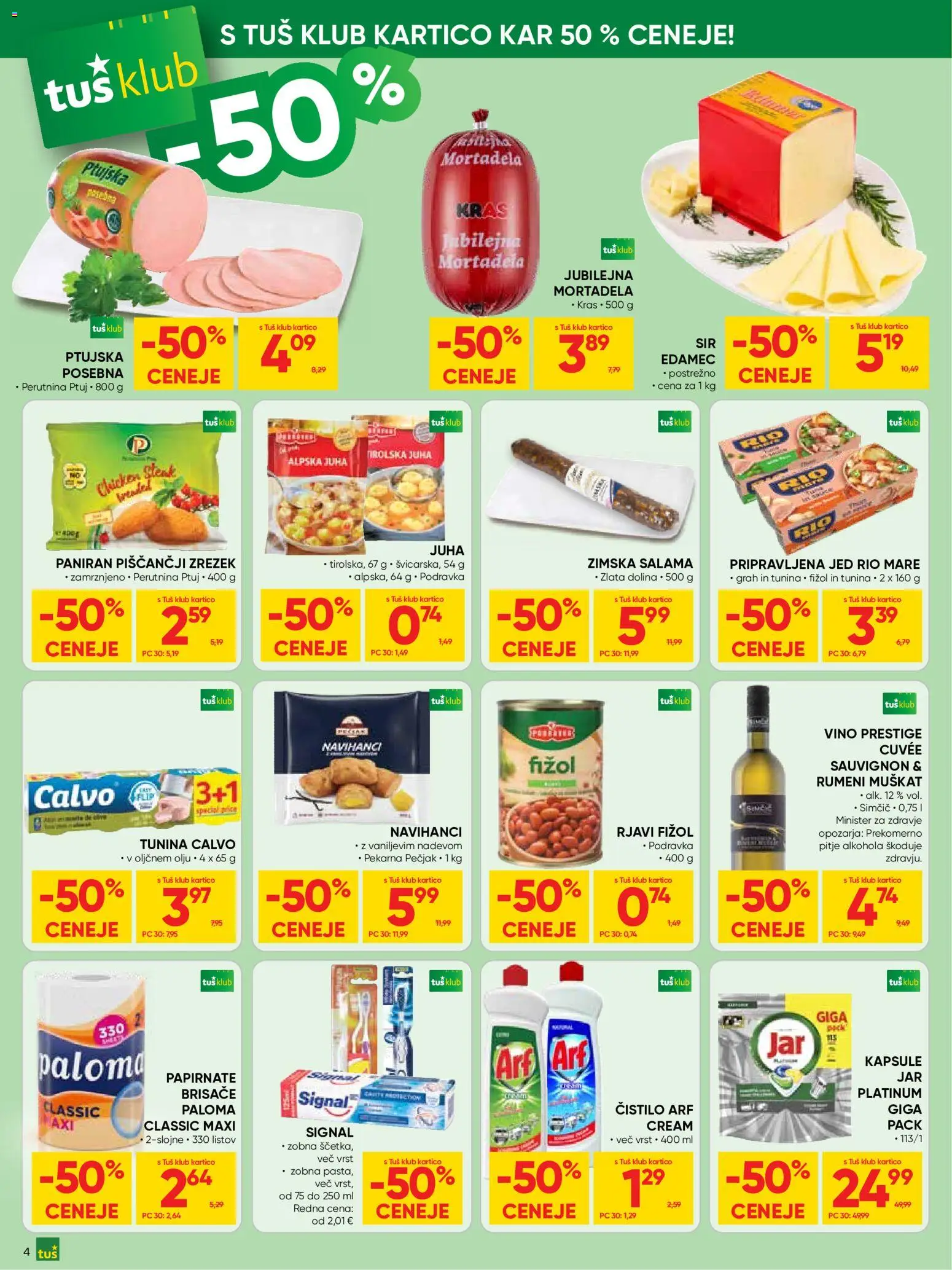 Novi Tuš katalog ponudbe – veljaven od 20.05.2026 | Stran: 4 | Izdelki: Mortadela, Pekarna, Salama, Vino