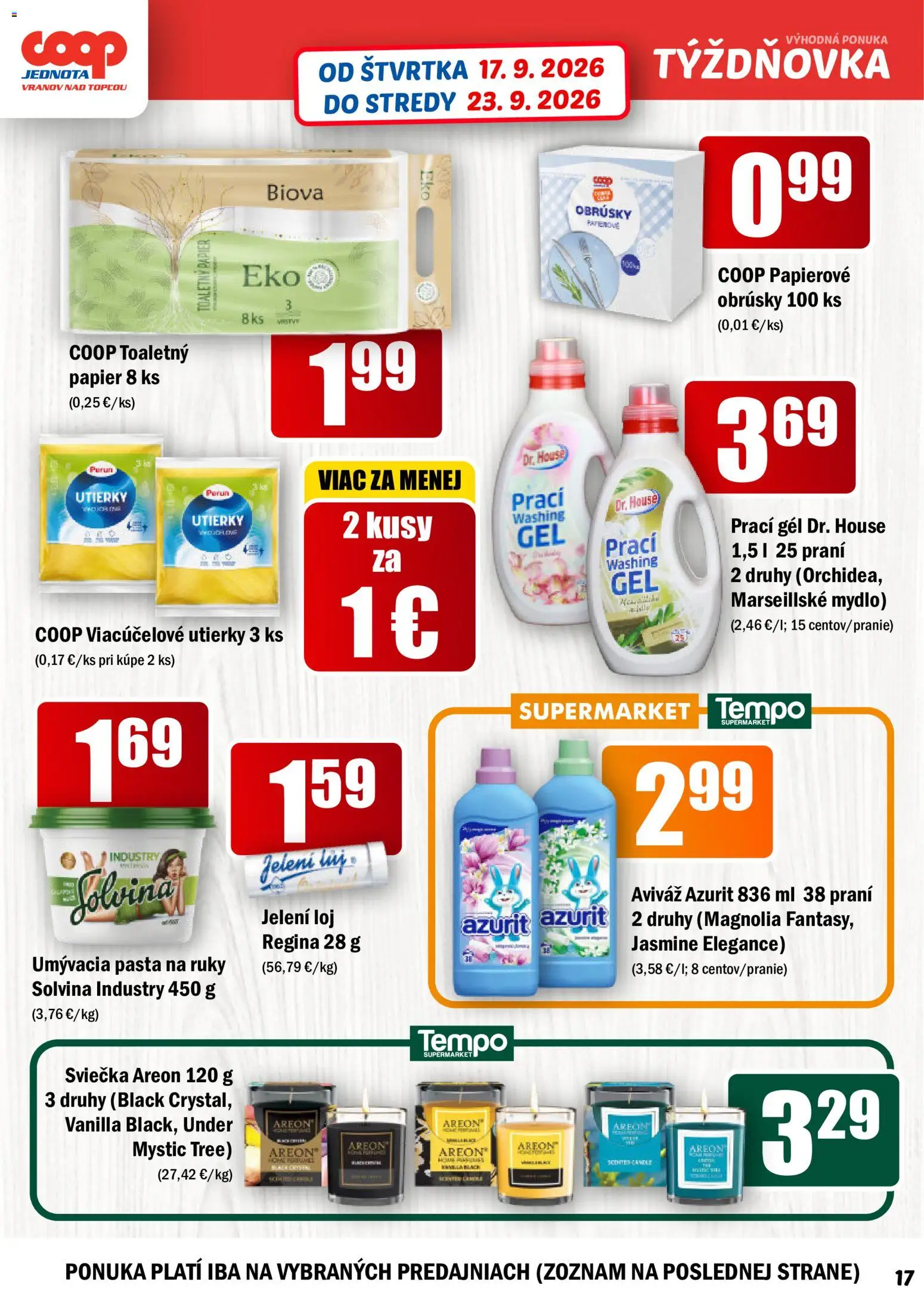 Nové COOP Jednota akcie – leták je platný od 17.09.2026 | Strana: 17 | Produkty: Prací gél, Toaletný papier, Mydlo, Utierky