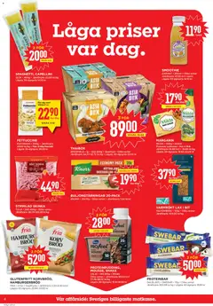 GLUTENFRITT KORVBRÖD, HAMBURGERBRÖD, 4-5p. Djupfrysta. Jämförpris 5:20-6:50 kr/st. Lägsta 30-dgrspris 29:90-30:60 kr - Förhandsvisning av reklamblad från butik Willys aktuell från 11.05.2026 | Sida: 4 | Produkter: Köttbuljong, Lax, Kladdkaka, Skinka