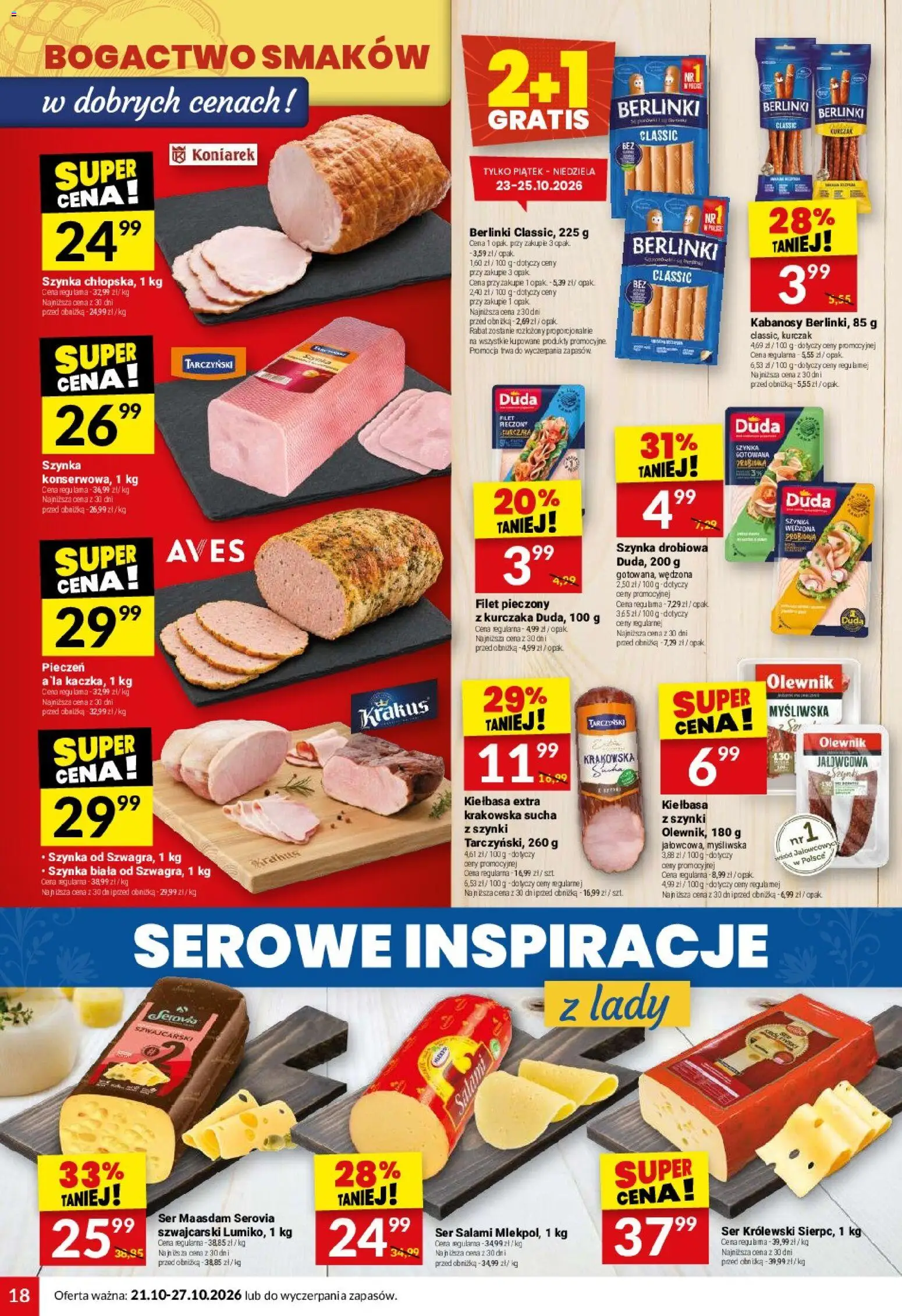 Twój Market gazetka od 21.10.2026 | Strona: 18 | Produkty: Krakowska sucha, Ser, Berlinki, Szynka gotowana