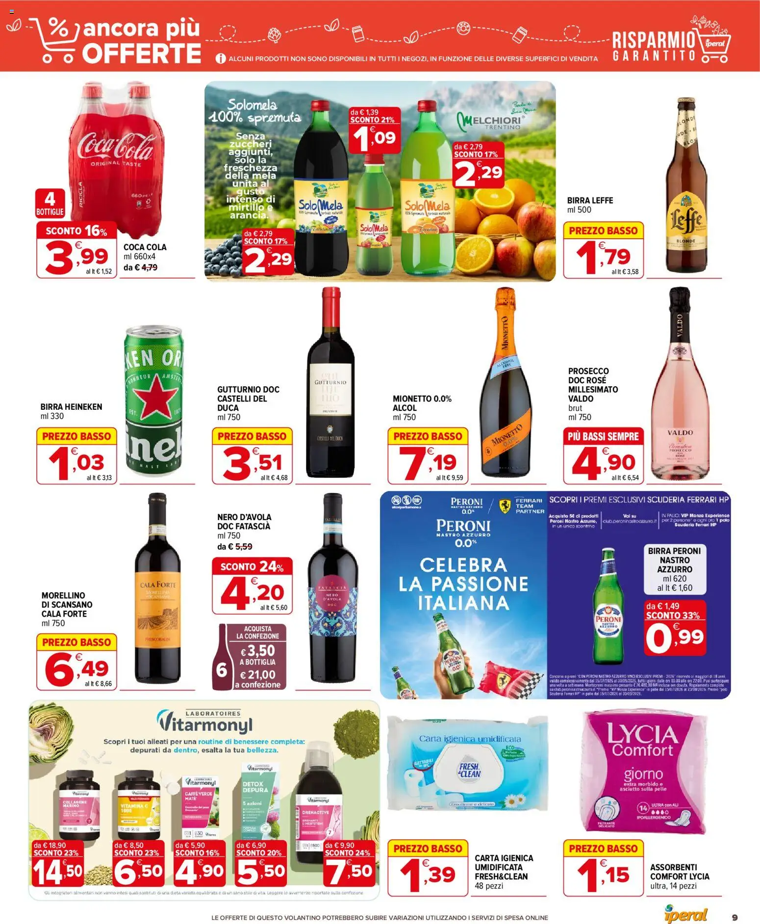 Volantino Iperal del 19/08/2026 | Pagina: 9 | Prodotti: Alcol, Heineken, Birra Peroni, Coca Cola