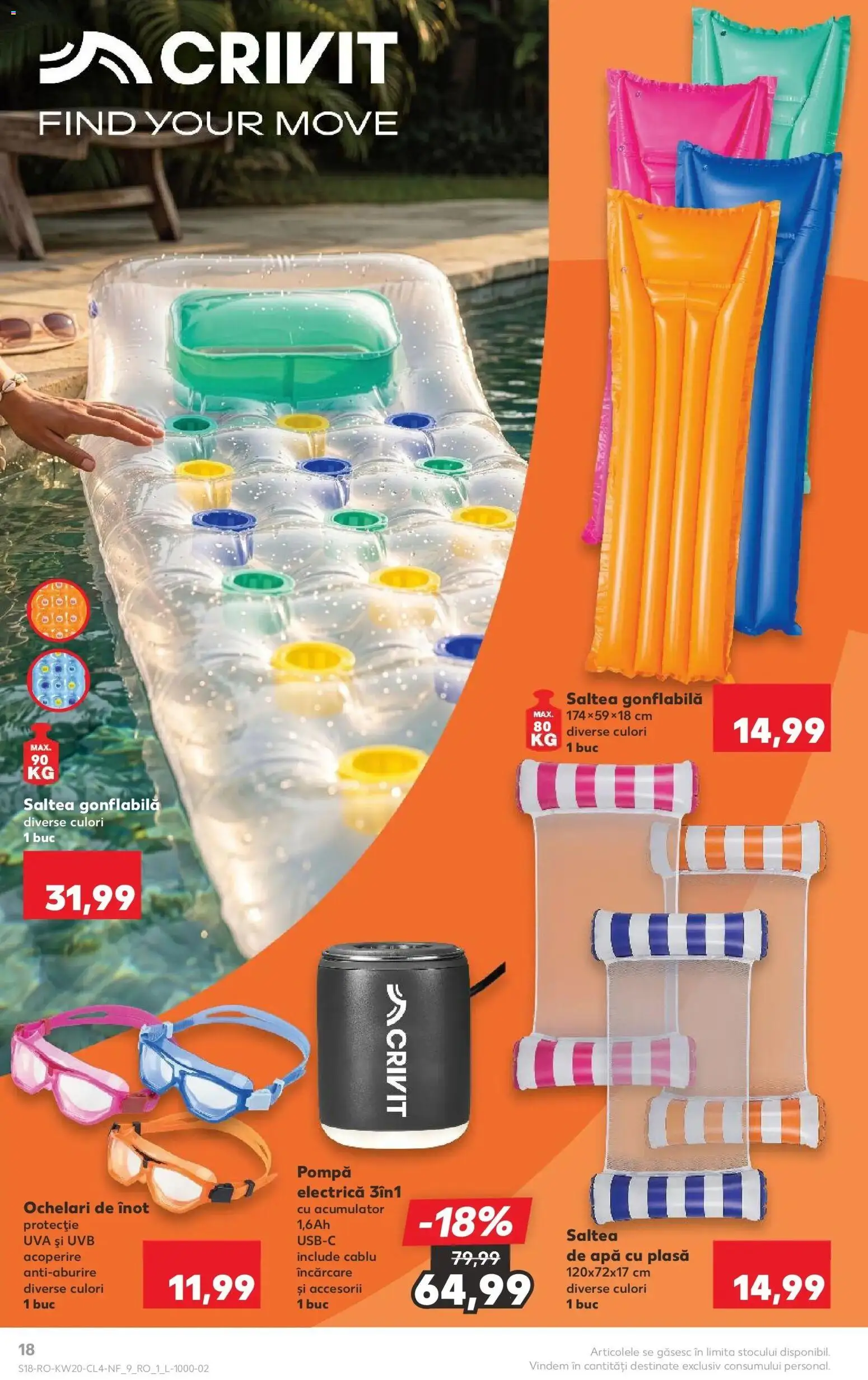 Noul catalog Kaufland – valabil de la 13.05.2026 | Pagină: 18 | Produse: Ochelari, Saltea, Saltea gonflabilă, Apă