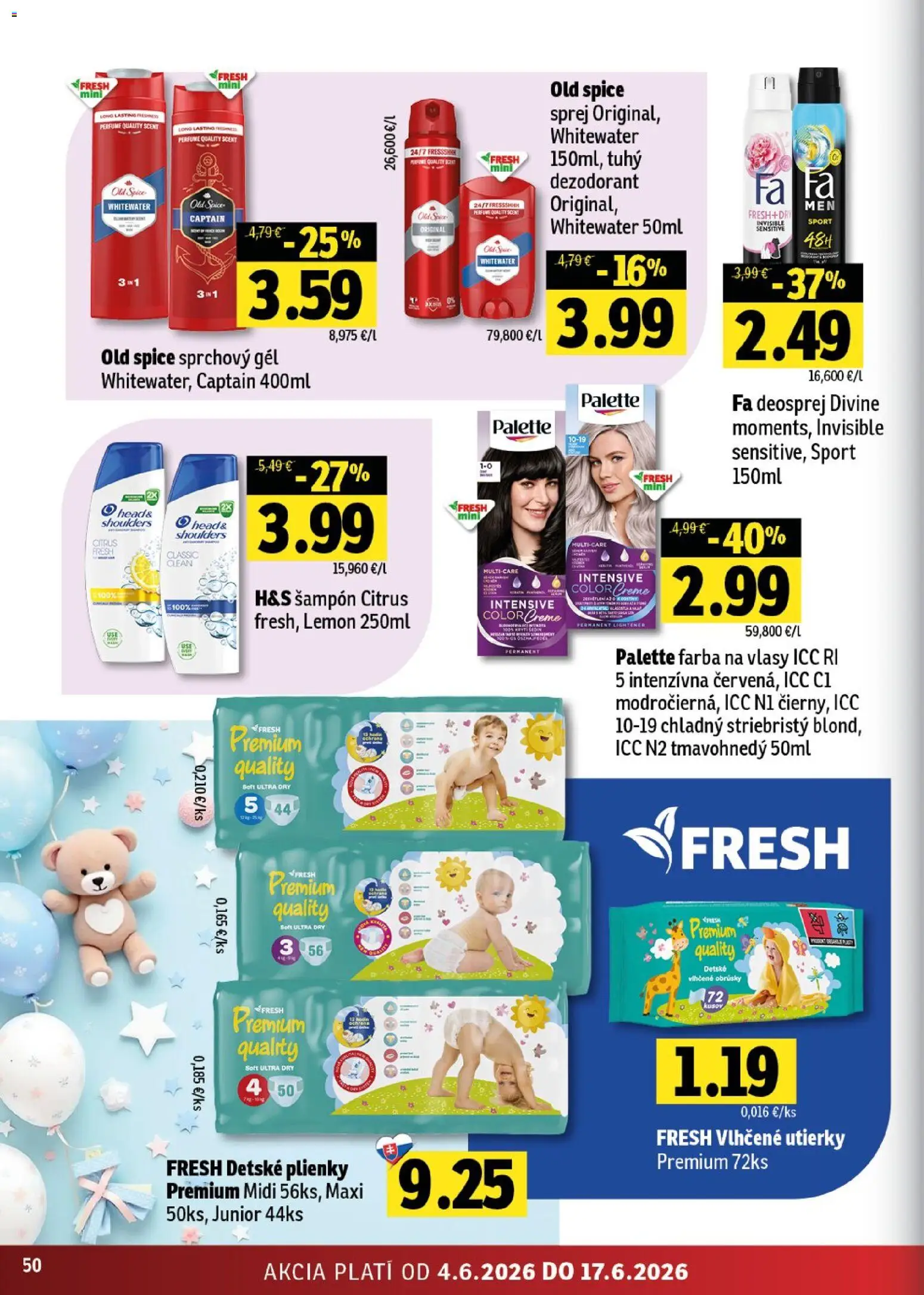 Nové Fresh akcie – leták je platný od 04.06.2026 | Strana: 50 | Produkty: Old Spice, Šampón, Farba na vlasy, Sprchový gél