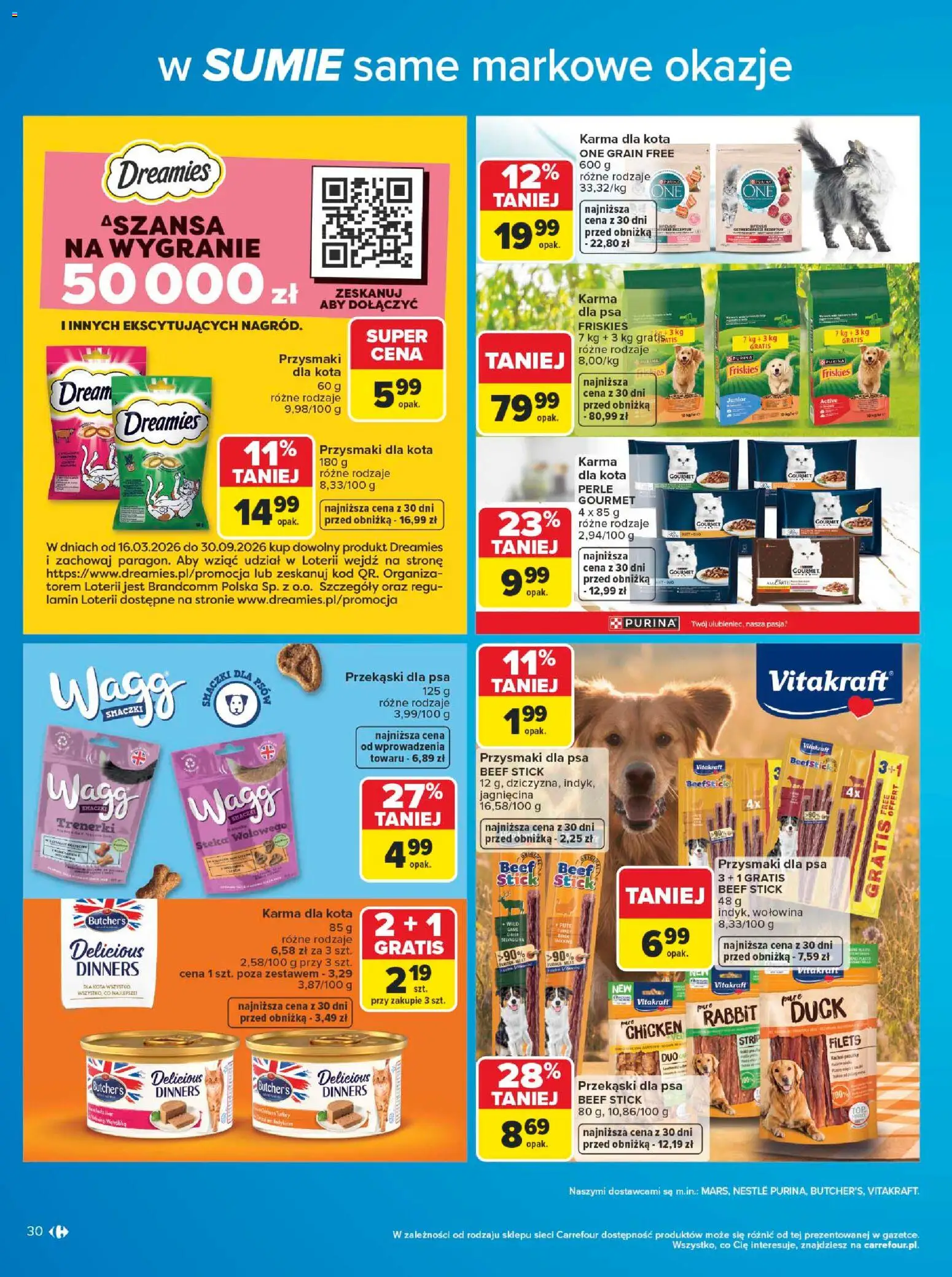 Carrefour gazetka - W sumie same markowe okazje od 08.06.2026 | Strona: 30 | Produkty: Przysmaki dla kota, Jagnięcina, Karma dla kota, Purina dla kota