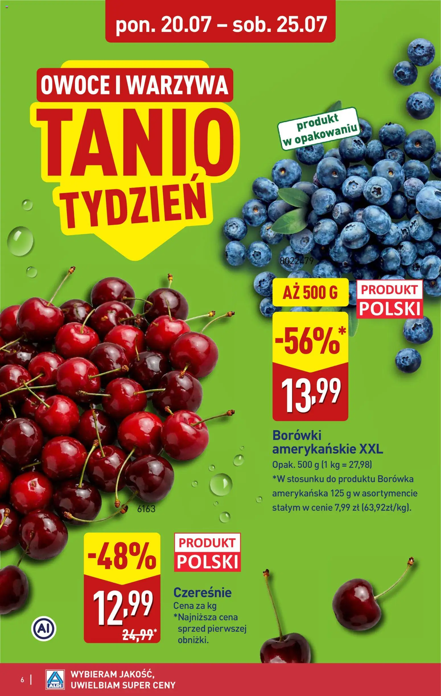 Aldi gazetka - Oferta weekendowa od 23.07.2026 | Strona: 6 | Produkty: Borówka amerykańska, Czereśnie, Warzywa, Owoce