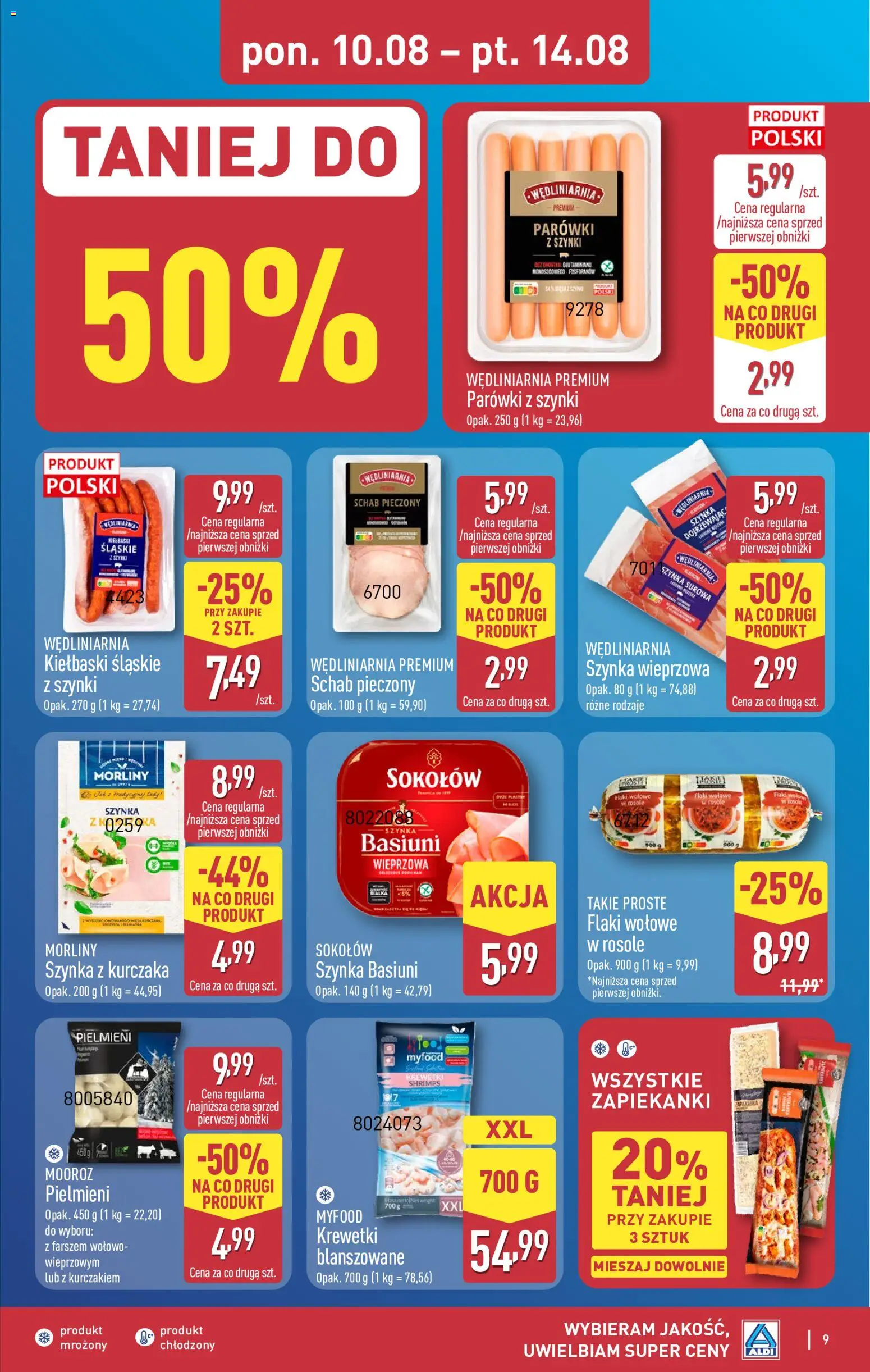 Aldi gazetka od 10.08.2026 | Strona: 9 | Produkty: Parówki z szynki, Kiełbaski, Schab pieczony, Flaki wołowe