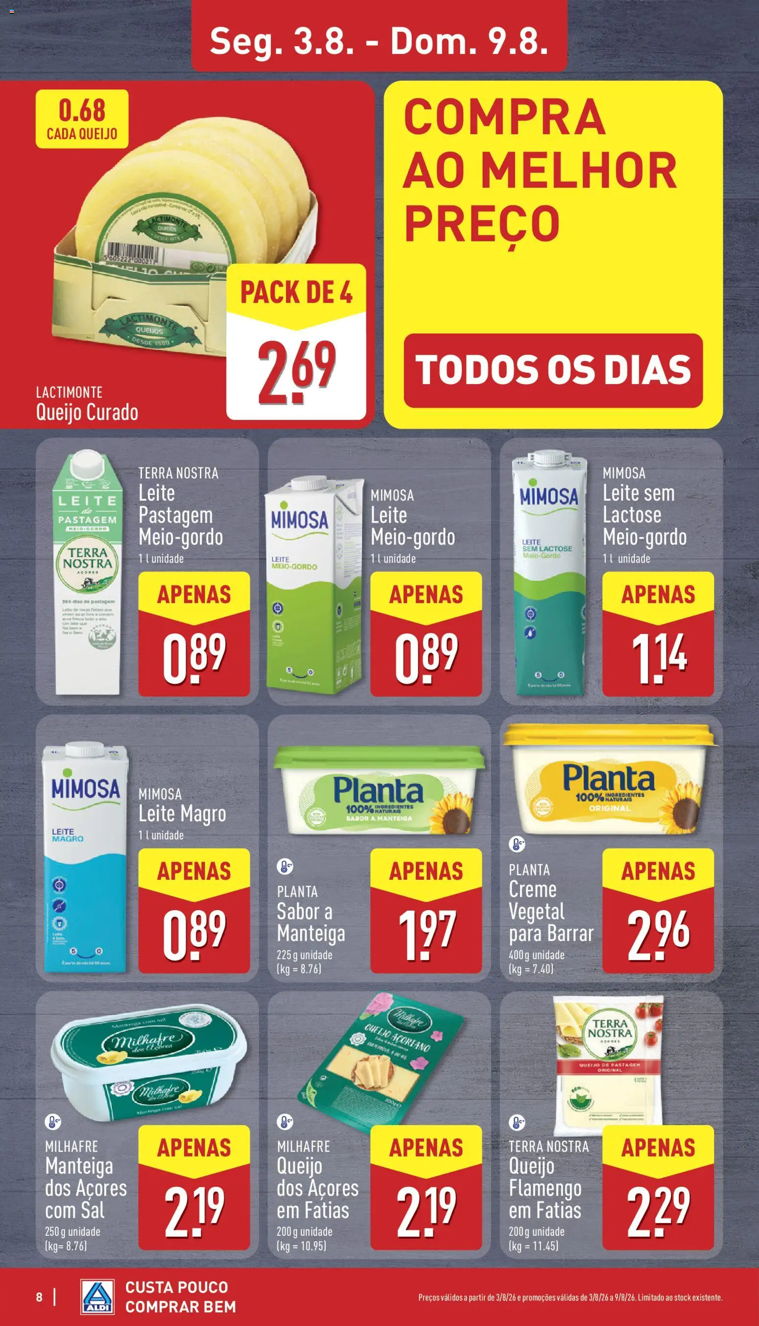 Aldi folheto │ válido de 03/08/2026 | Página: 8 | Produtos: Leite, Manteiga, Queijo, Creme