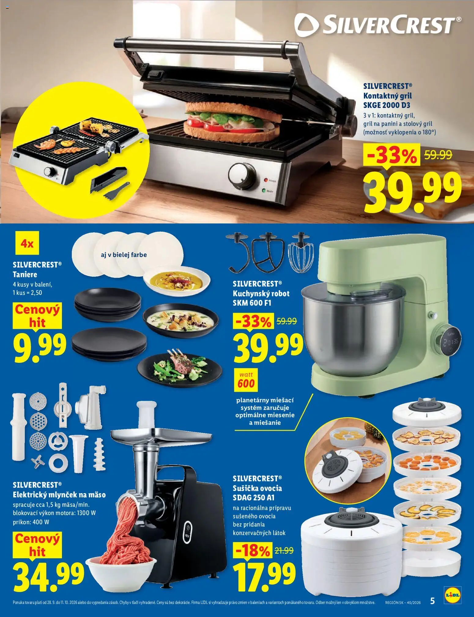 Nové Lidl akcie – leták je platný od 28.09.2026 | Strana: 5 | Produkty: Gril, Sušička, Kuchynský robot, Sušička ovocia