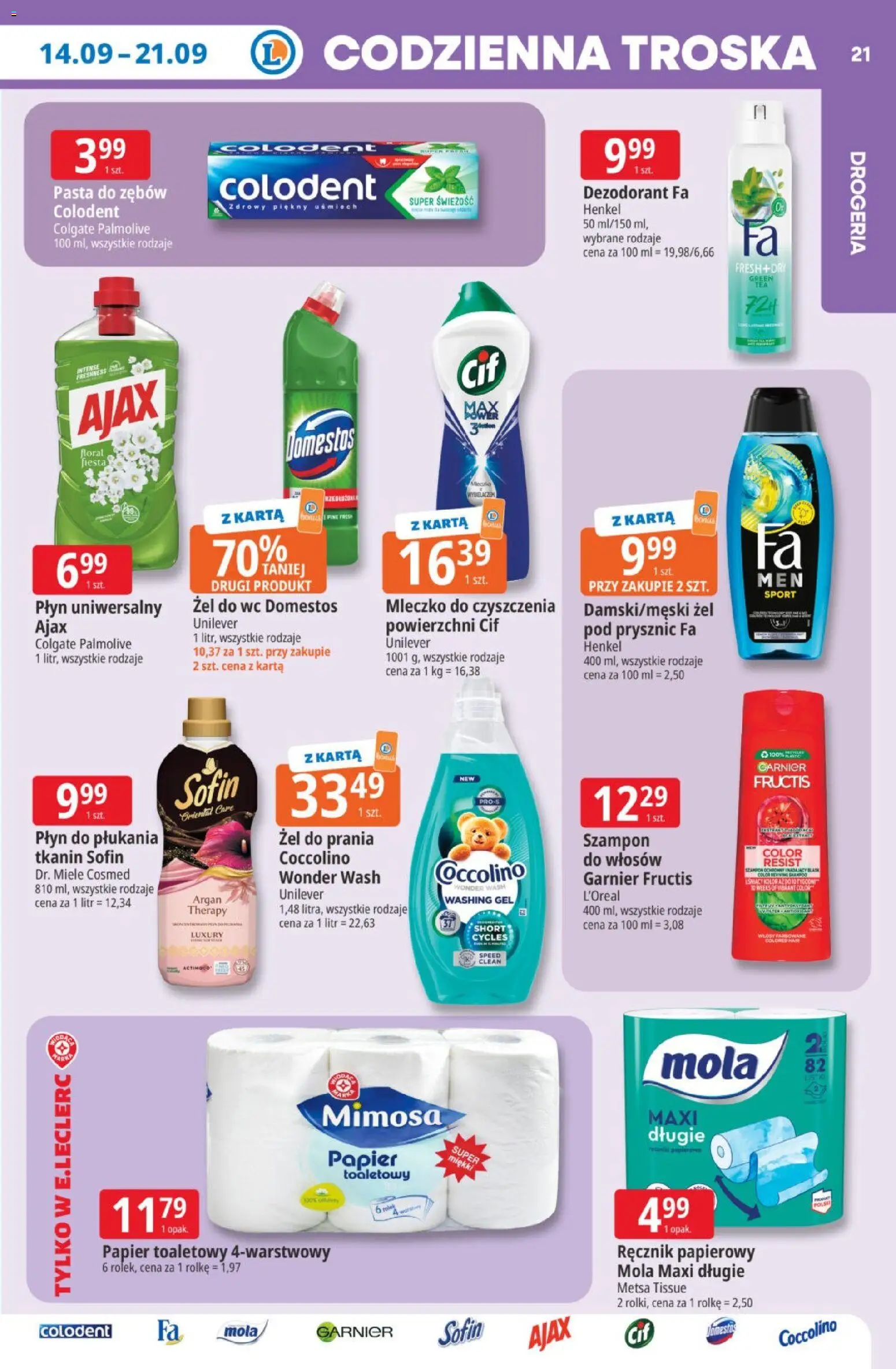 E.Leclerc gazetka od 14.09.2026 | Strona: 21 | Produkty: Coccolino, Szampon, Dezodorant, Pasta do zębów