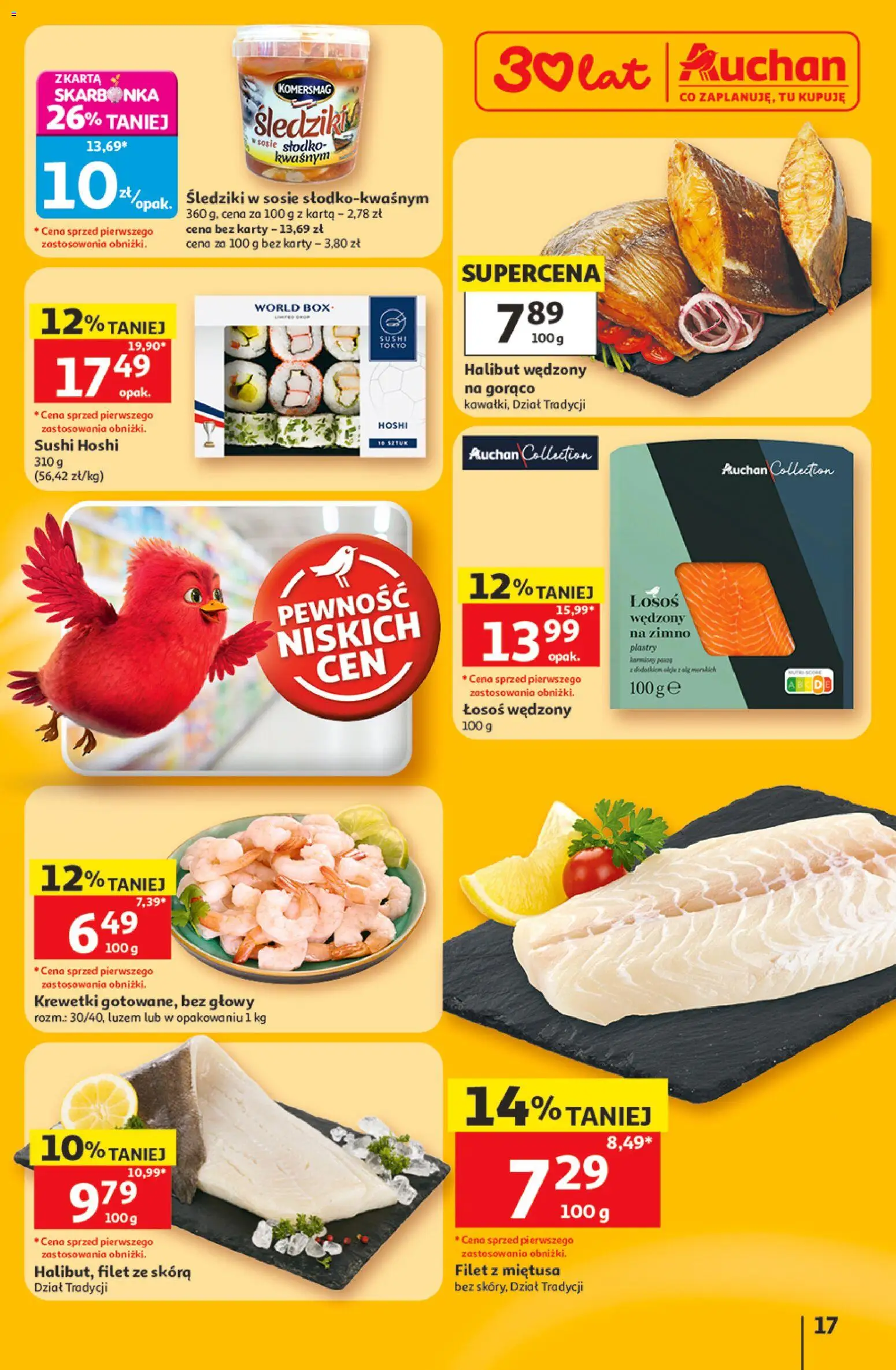 Auchan gazetka - 30 Lat Hipermarket od 11.06.2026 | Strona: 17 | Produkty: Łosoś wędzony, Krewetki, Halibut, Łosoś