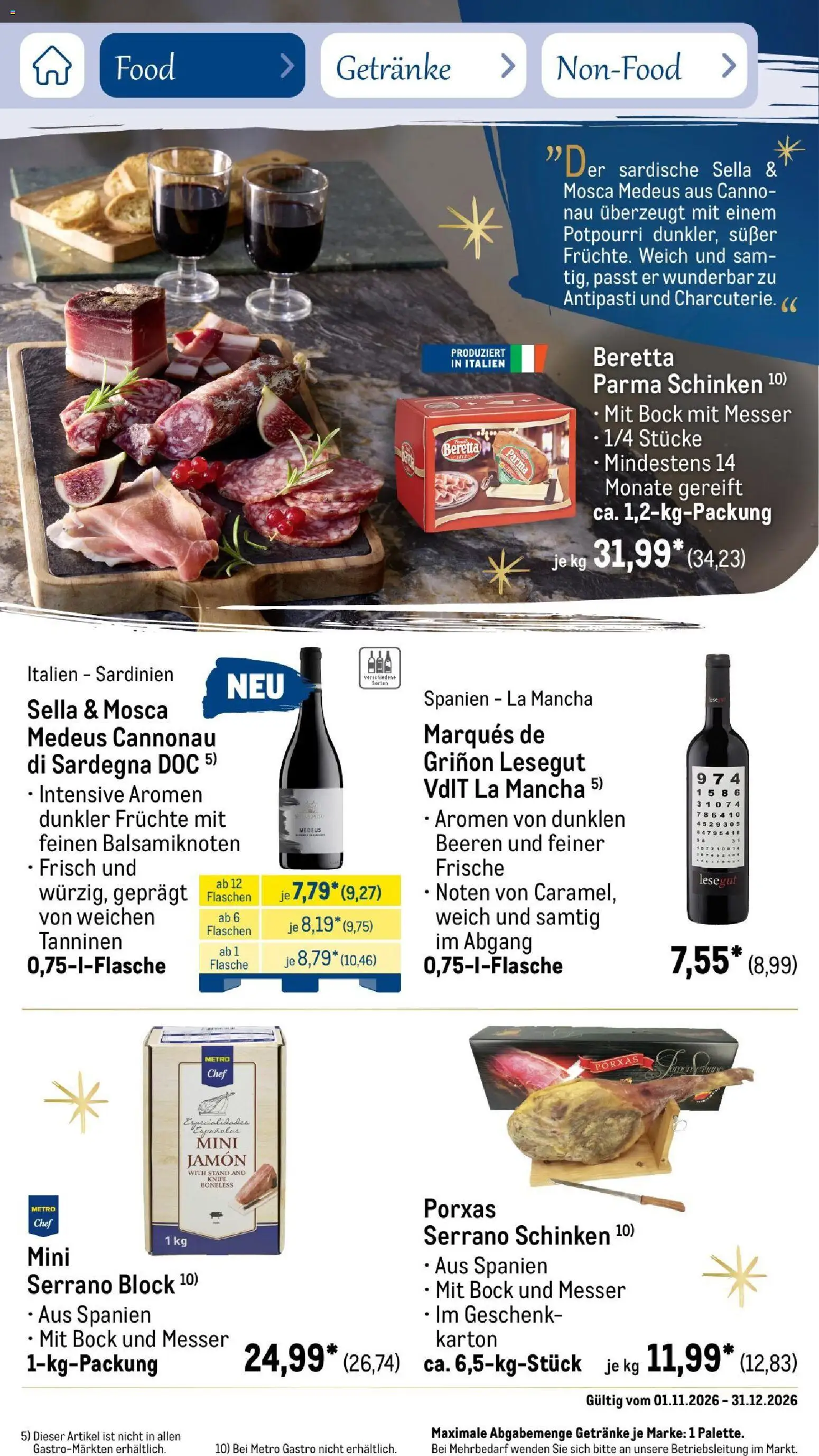 Metro Saisonkatalog Festtage voller Genuss – gültig ab 01.11.2026 | Seite: 49 | Produkte: Serrano schinken, Schinken