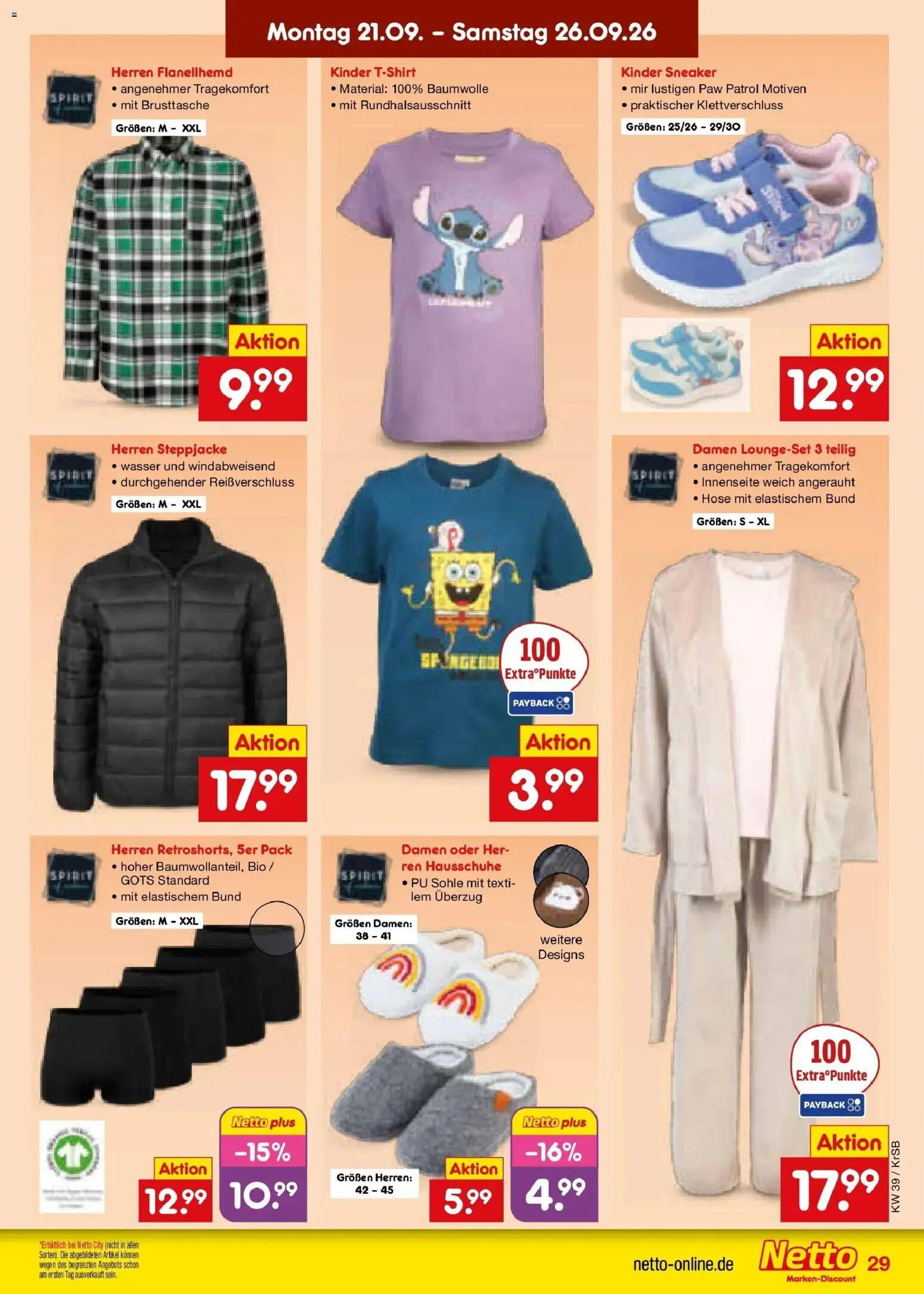 Netto Marken-Discount Prospekt Baesweiler – gültig ab 21.09.2026 | Seite: 43 | Produkte: Steppjacke, Wasser, Hose, Hausschuhe