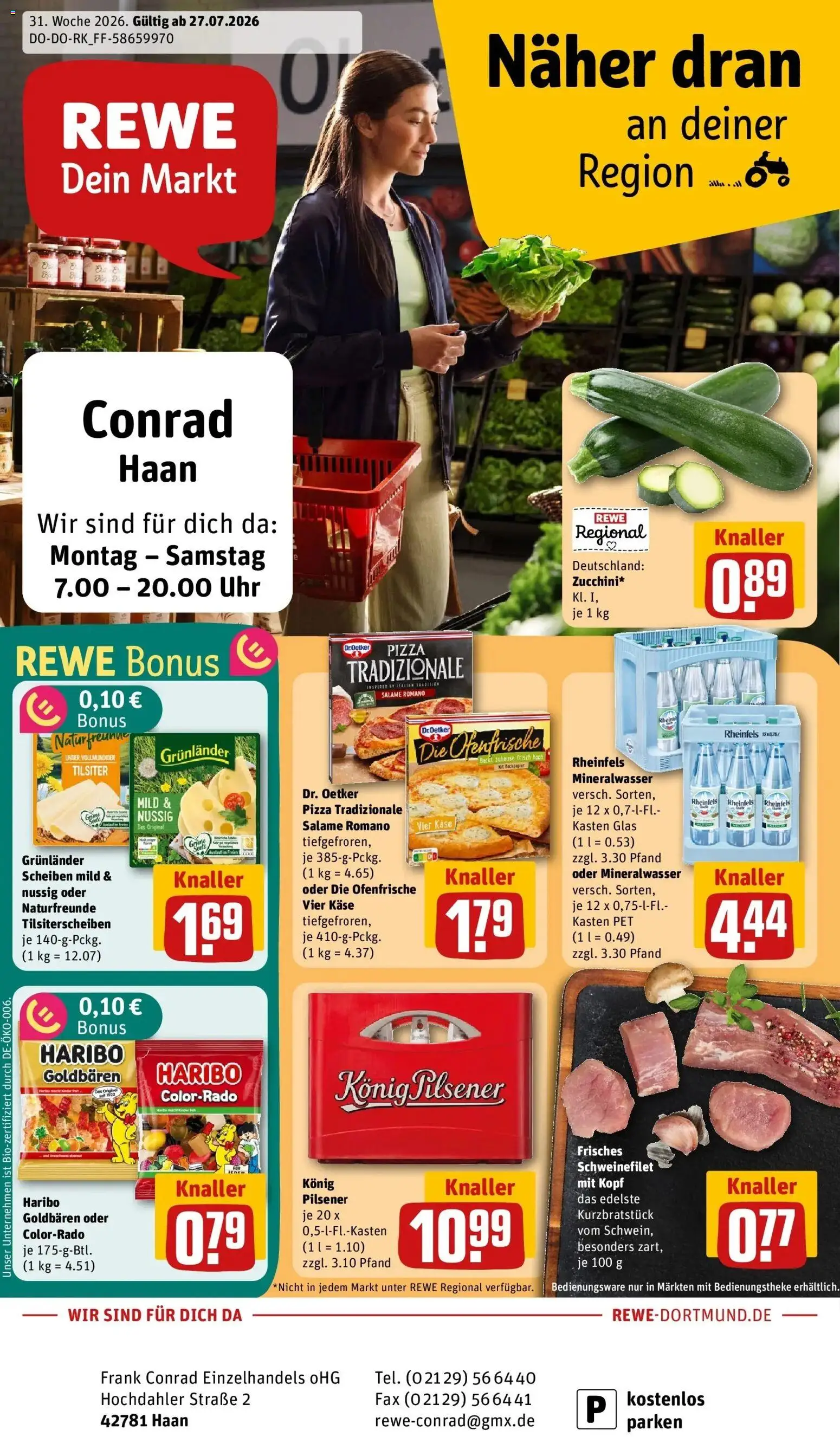 Rewe Prospekt Haan – gültig ab 27.07.2026 | Seite: 1 | Produkte: Käse, Schweinefilet, Pizza, Uhr