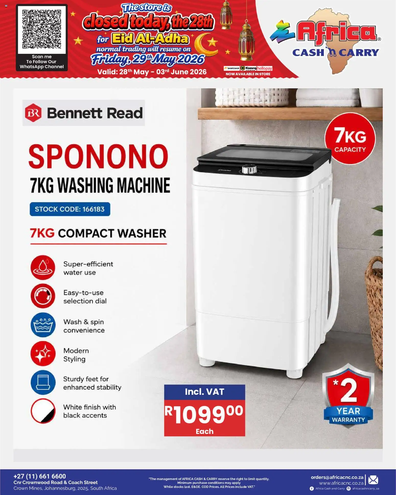 New Africa Cash & Carry catalogue – valid from 28.05.2026 | Page: 44 | Products: Washing machine, Stock, Water