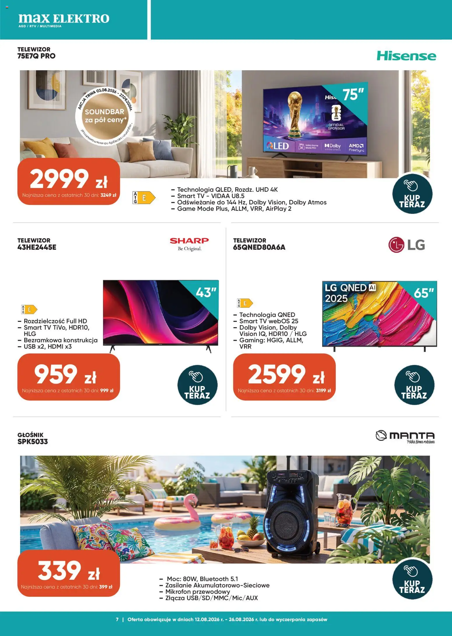 Max elektro gazetka od 12.08.2026 | Strona: 7 | Produkty: Mikrofon, Głośnik, USB, Soundbar