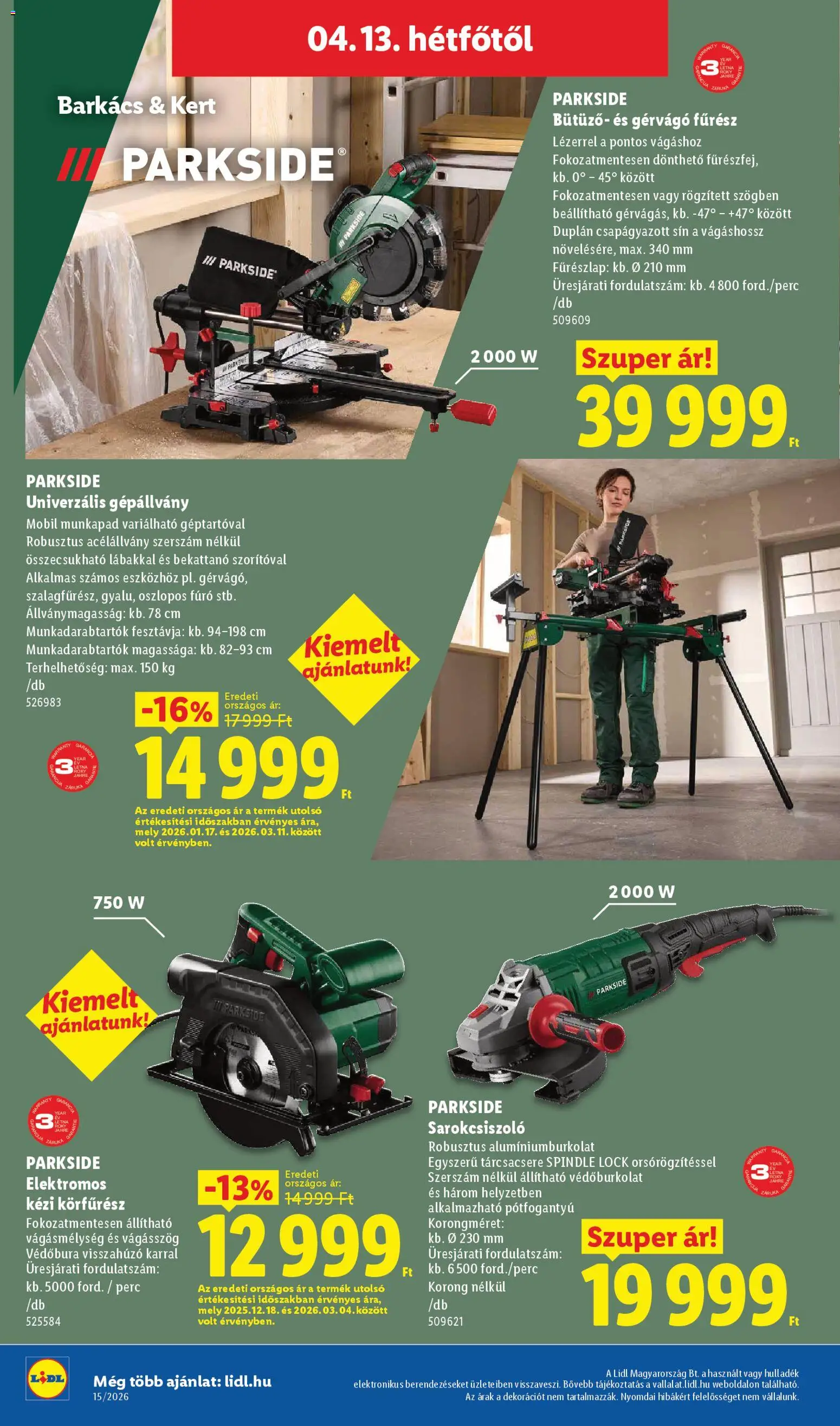 Lidl akciós ujság - amely érvényes a következő dátumtól: 09.04.2026 | Oldal: 20 | Termékek: Parkside, Kézi körfűrész, Munkapad, Sarokcsiszoló