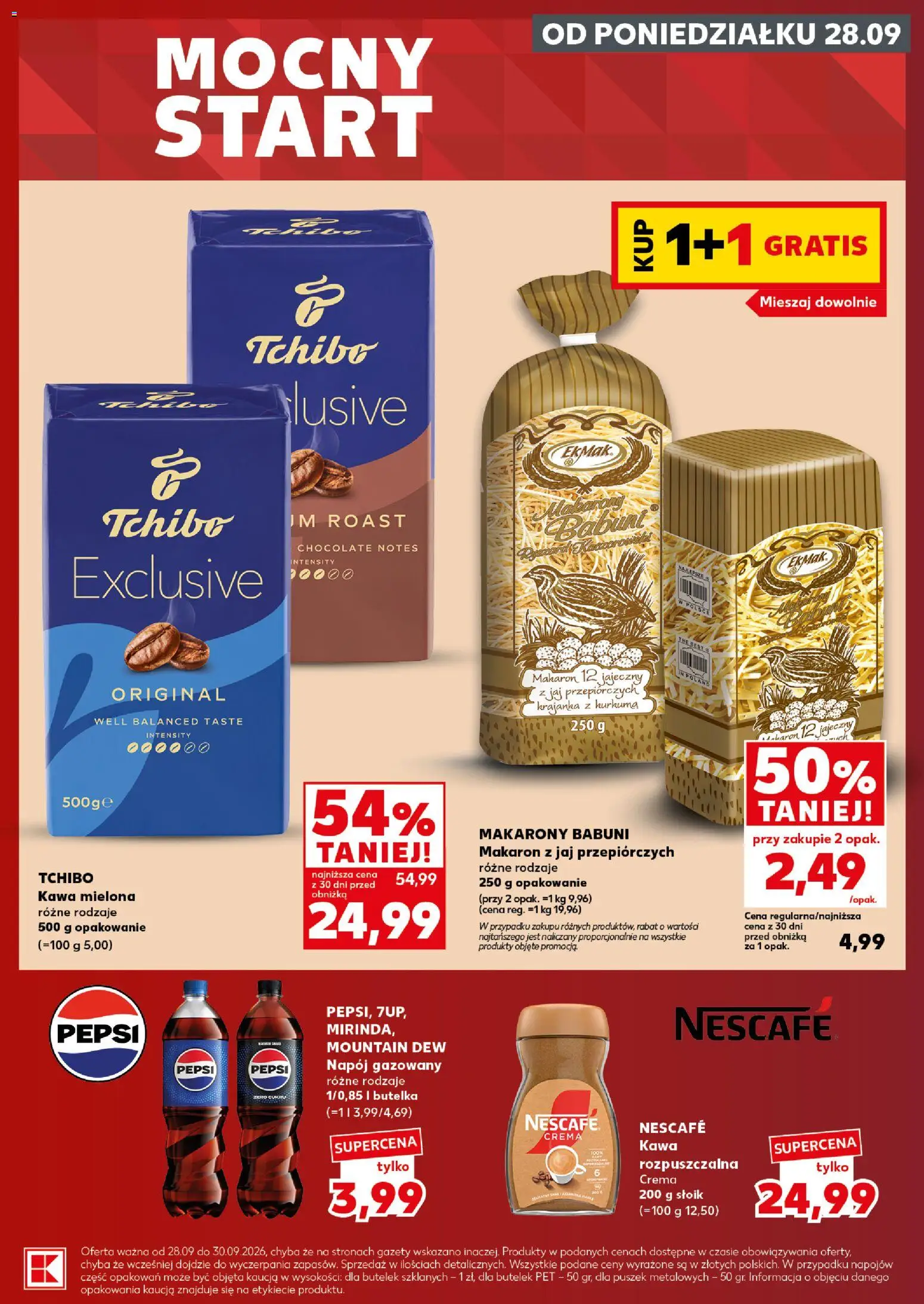 Kaufland Polsko leták - Mocny start od 28.09.2026 | Strana: 7 | Produkty: Nescafe Crema, Mountain Dew, Nescafé, Makarony