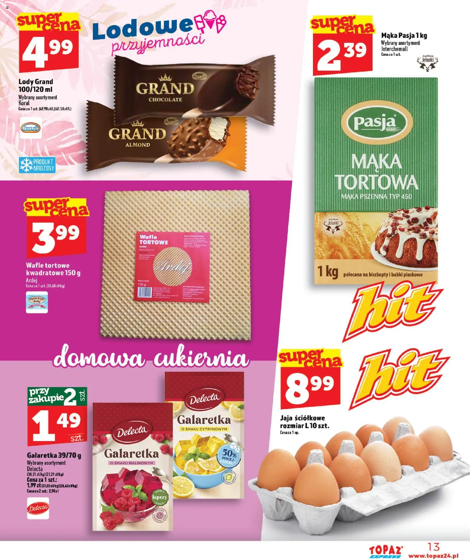 Topaz gazetka - Express od 27.08.2026 | Strona: 13 | Produkty: Galaretka, Wafle, Wafle tortowe, Lody