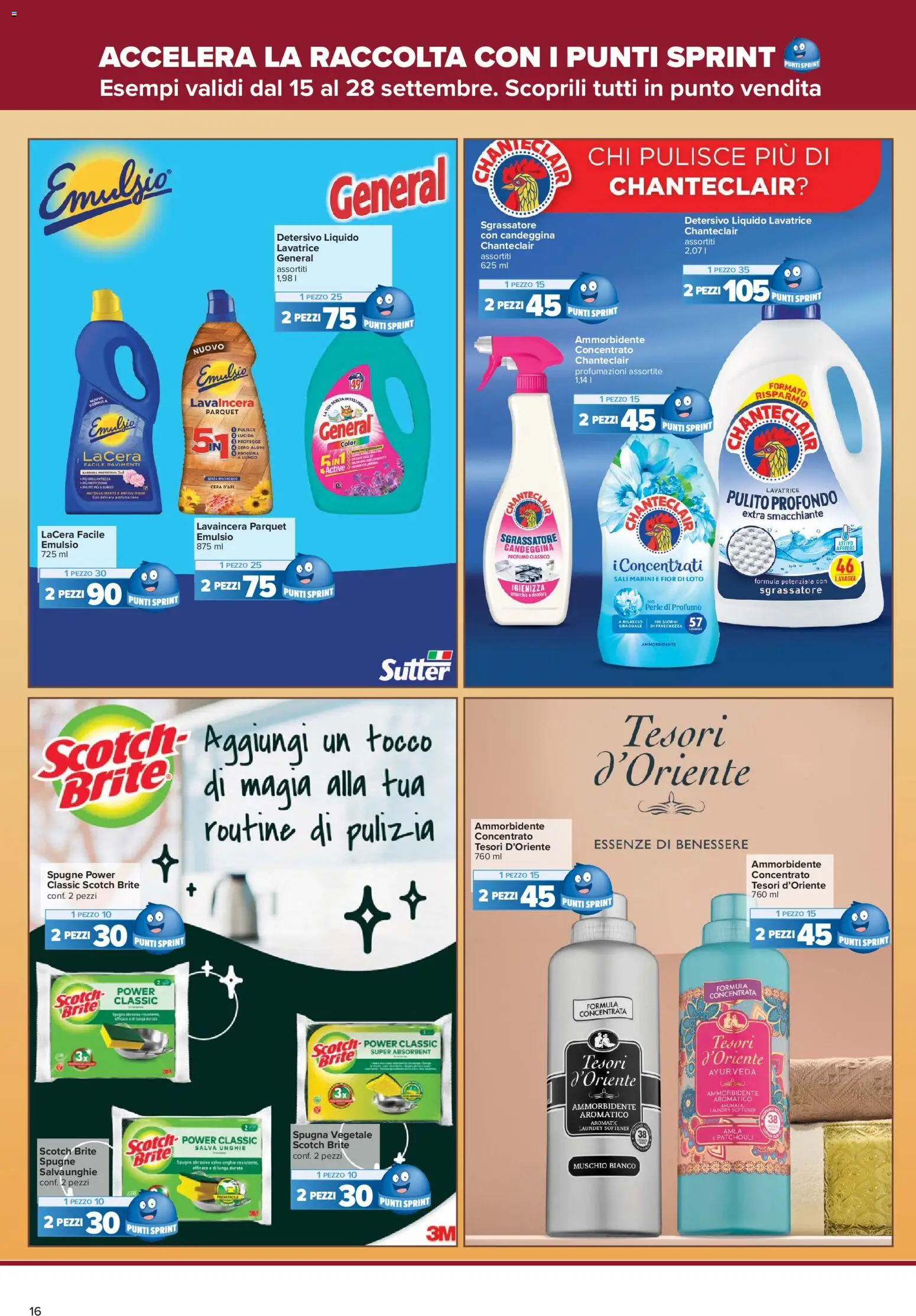 Volantino Carrefour del 15/09/2026 | Pagina: 16 | Prodotti: Spugna, Ammorbidente, Candeggina, Sgrassatore