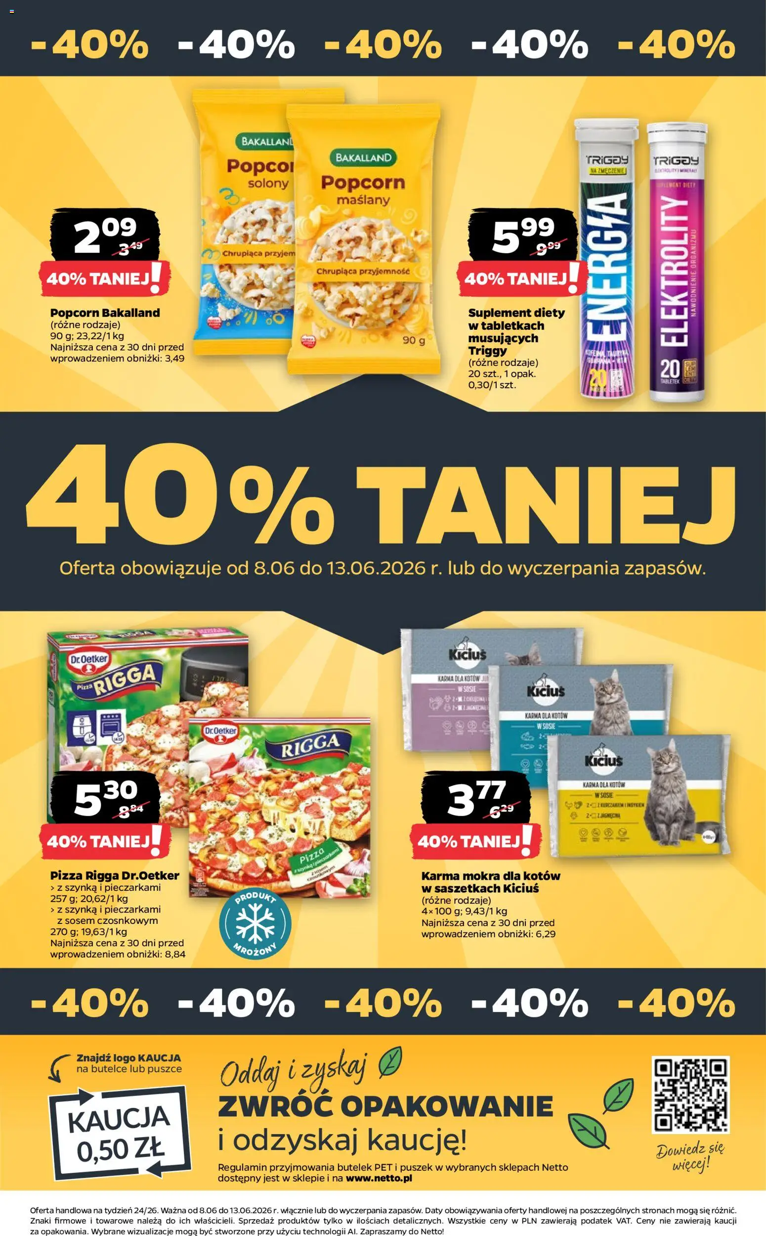 Netto gazetka od poniedziałku spożywcza od 08.06.2026 | Strona: 40 | Produkty: Szynka, Karma dla kotów, Pizza, Popcorn